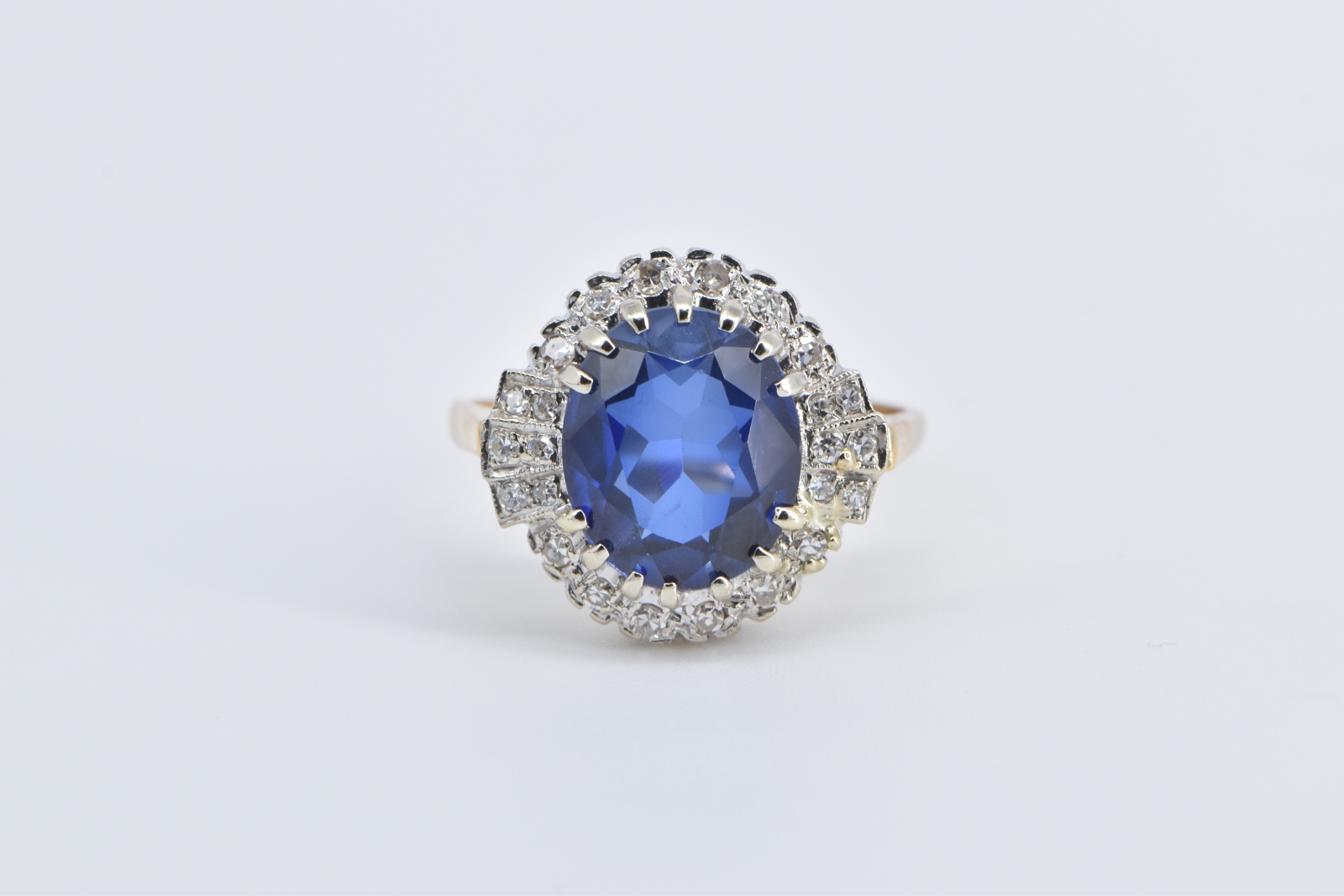 14K Vintage Syn. Sapphire Diamond Halo Engagement Yellow Gold Ring, Size 9.5