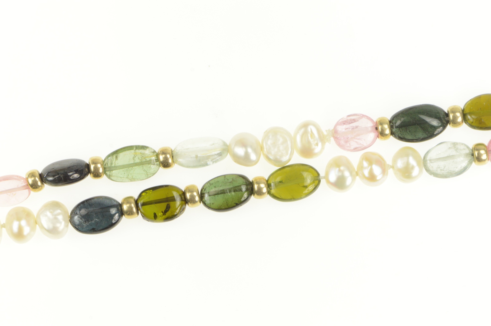 14K Watermelon Tourmaline Pearl Beaded Statement Yellow Gold Necklace 38"