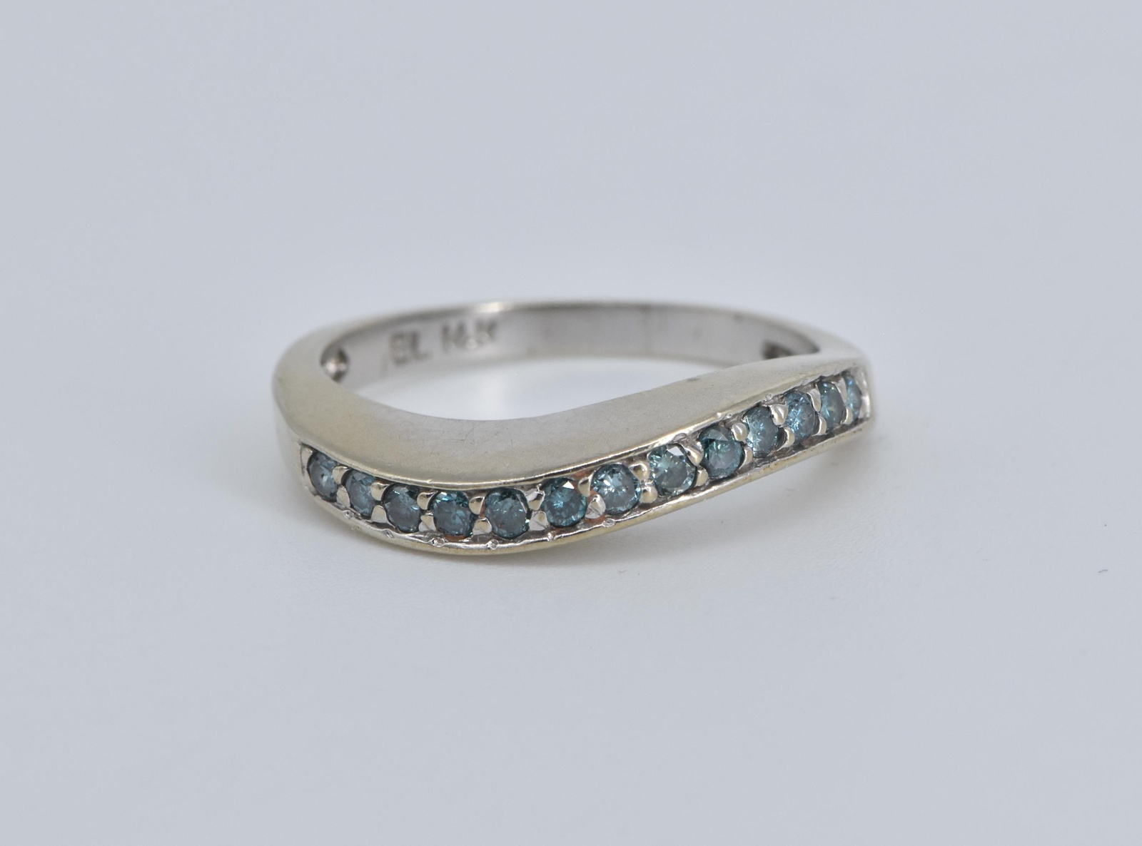 14K Wavy Blue Diamond Curvy Statement Band White Gold Ring, Size 7.75