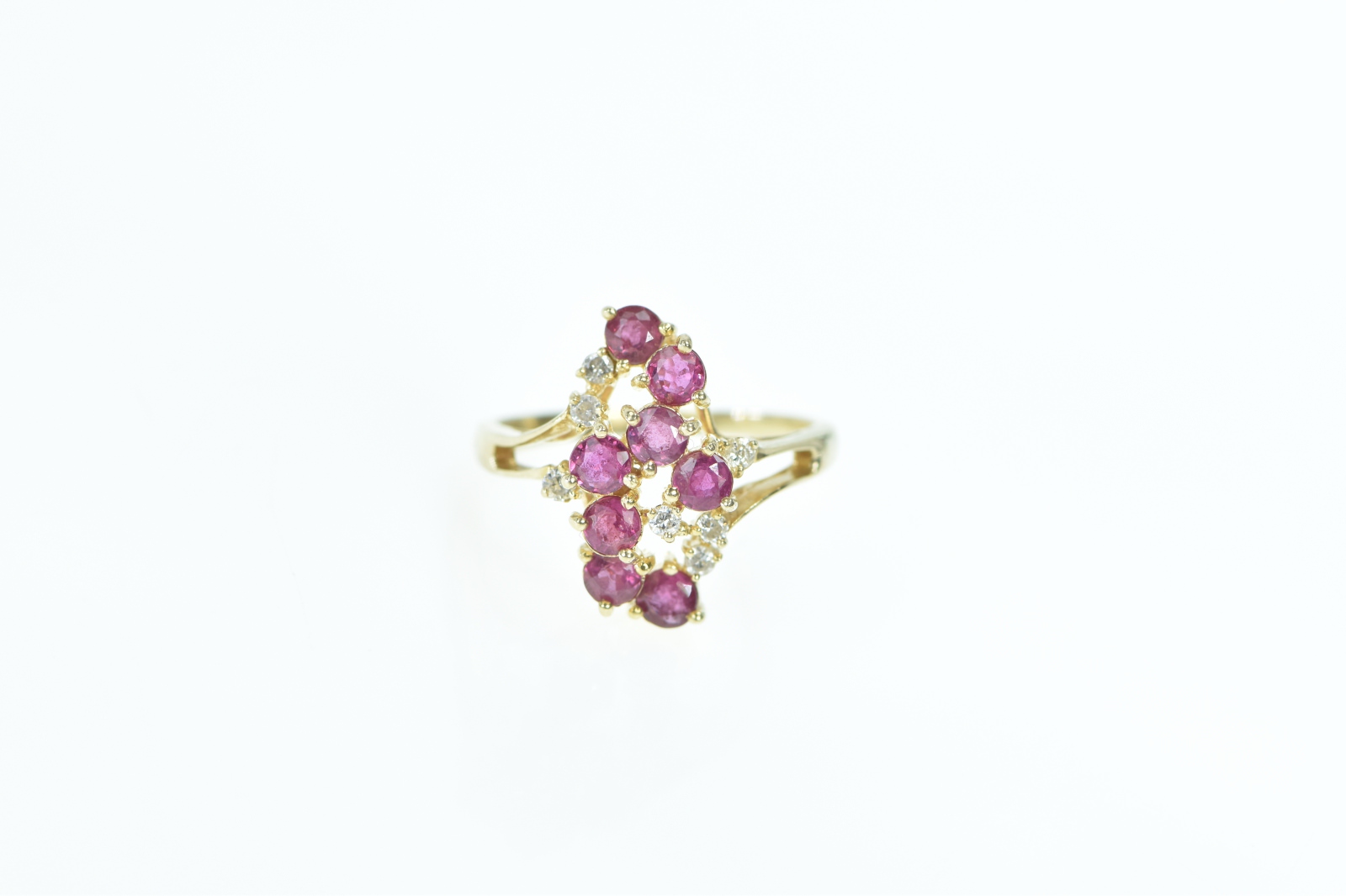 14K Wavy Ruby Diamond Freeform Cluster Yellow Gold Ring, Size 5.5