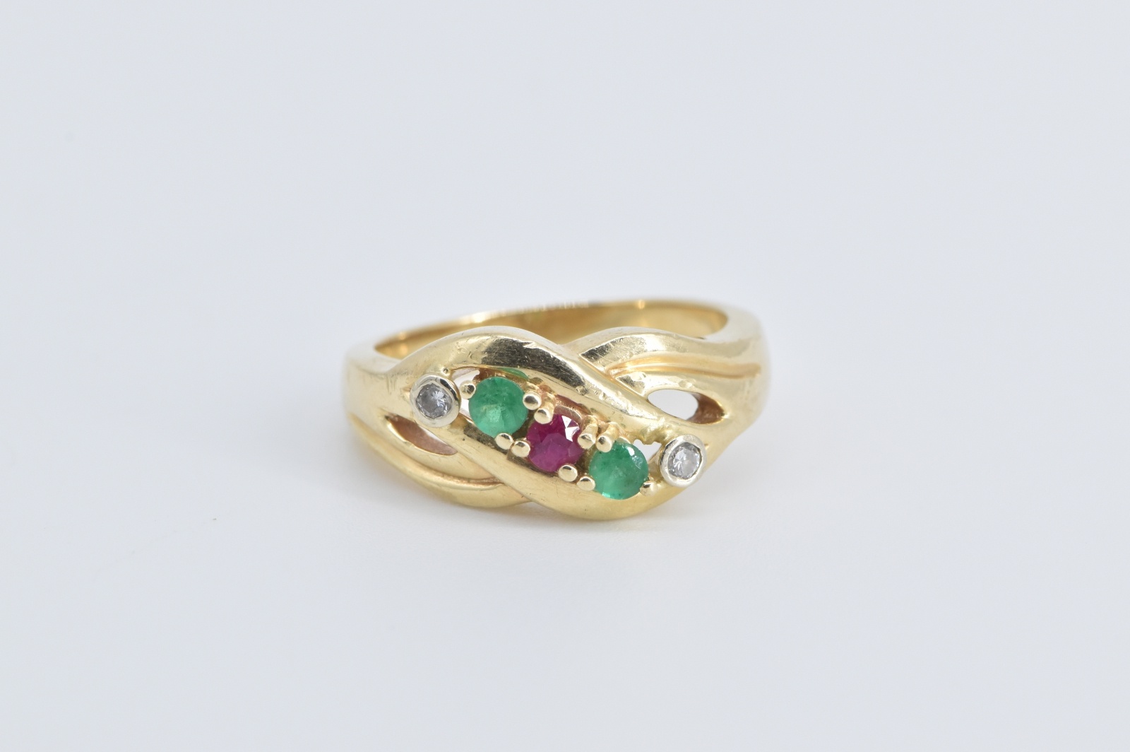 14K Wavy Ruby Emerald Diamond Curvy Fashion Yellow Gold Ring, Size 7