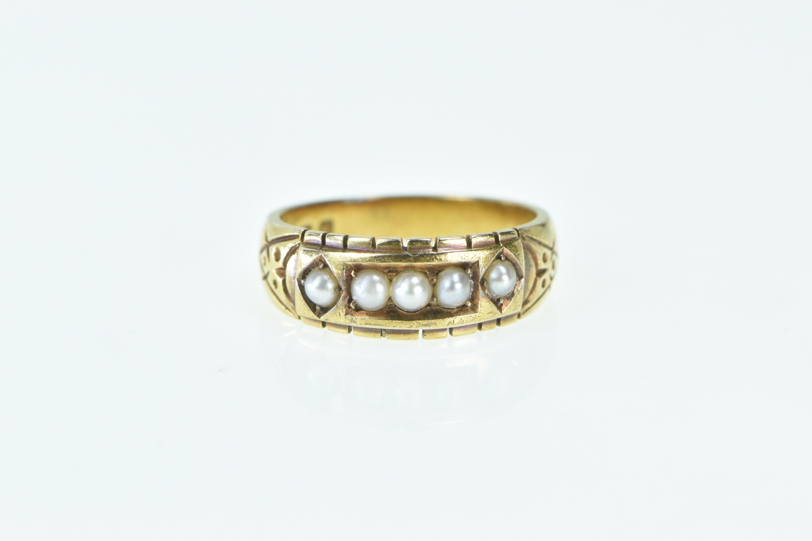 15K 1883 Victorian Ornate Pearl SB&S Band Yellow Gold Ring, Size 6.25