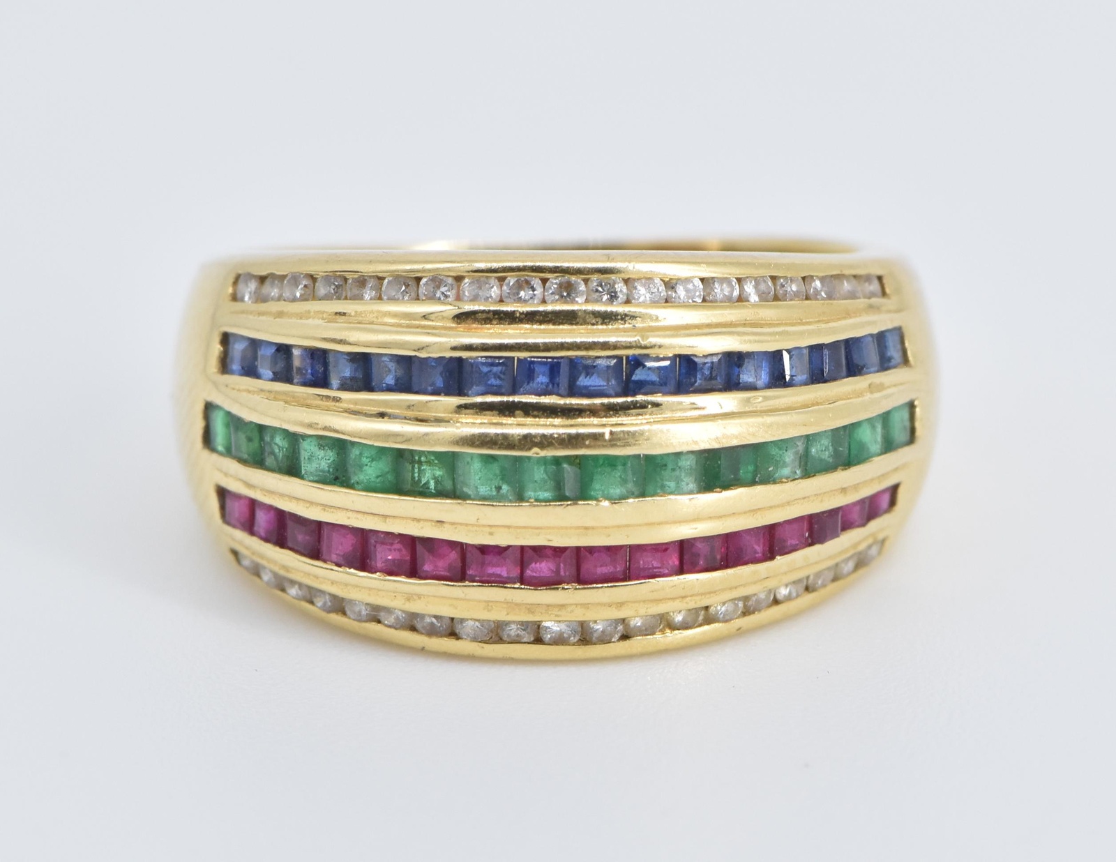 18K 0.95Ctw Natural Diamond Emerald Ruby Sapphire Yellow Gold Ring, Size 7.5