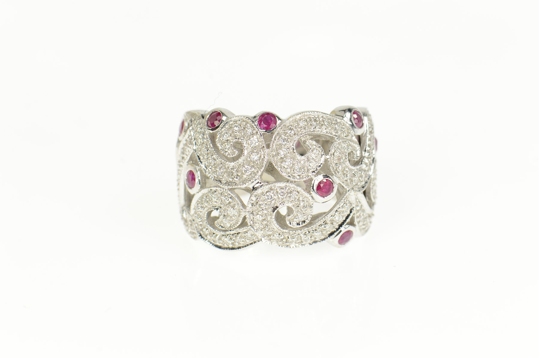 18K 1.07 Ctw Ruby Diamond Ornate Swirl Statement White Gold Ring, Size 6
