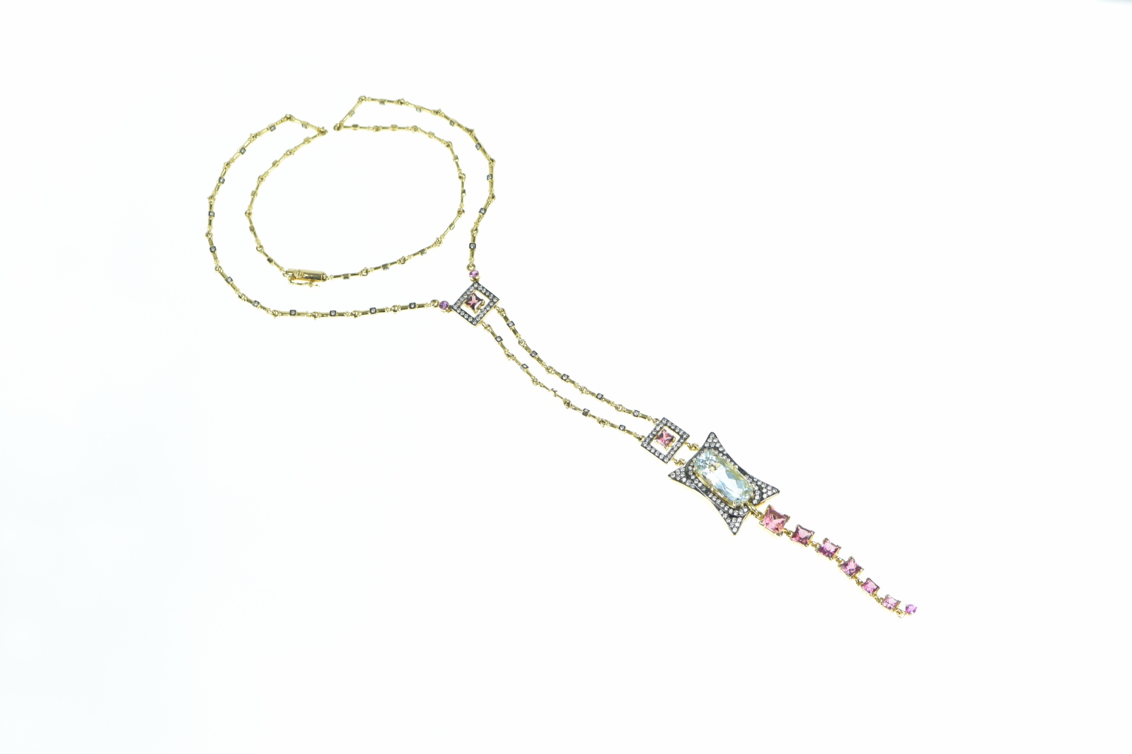 18K 13.50 Ctw Aquamarine Diamond Tie Yellow Gold Necklace 17.25"