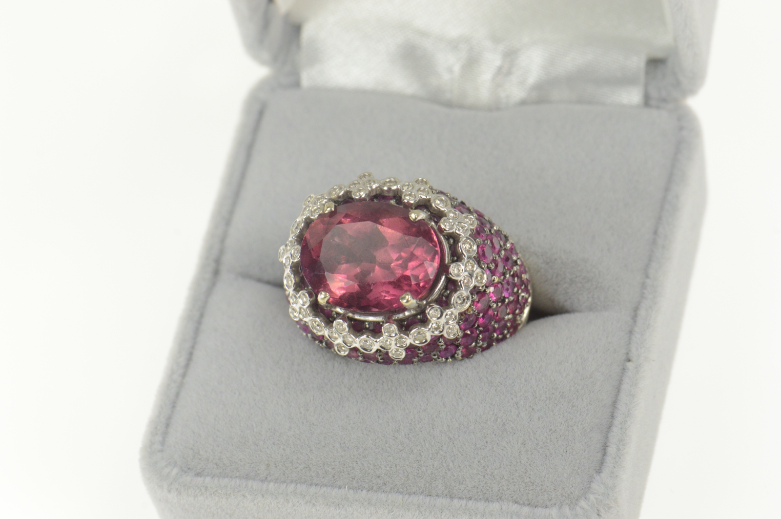 18K 13.59 Ctw Pink Tourmaline Sapphire Diamond Yellow Gold Ring, Size 7.5