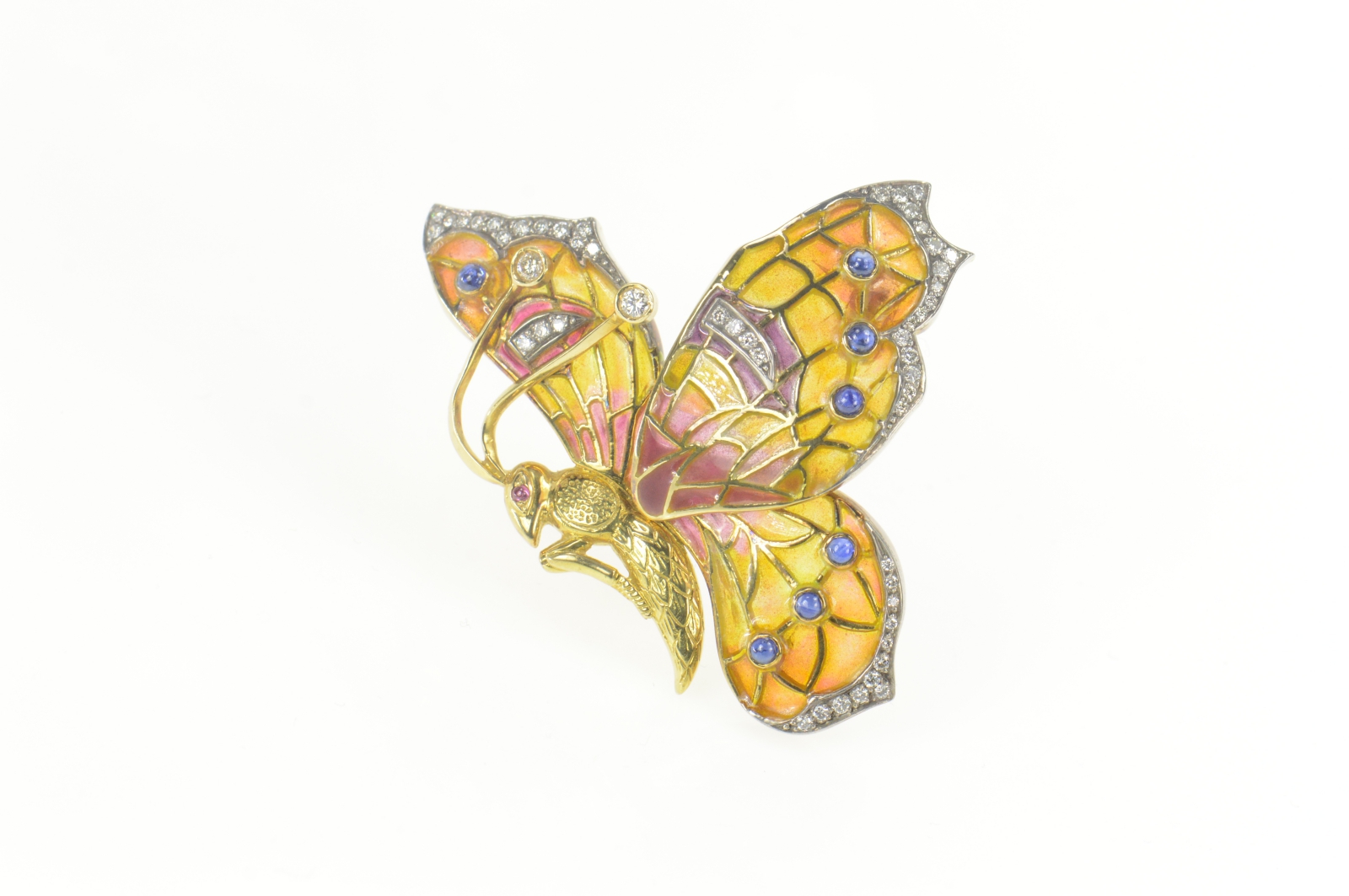 18K 1.40 Ctw Diamond Sapphire Enamel Butterfly Yellow Gold Pin/Brooch
