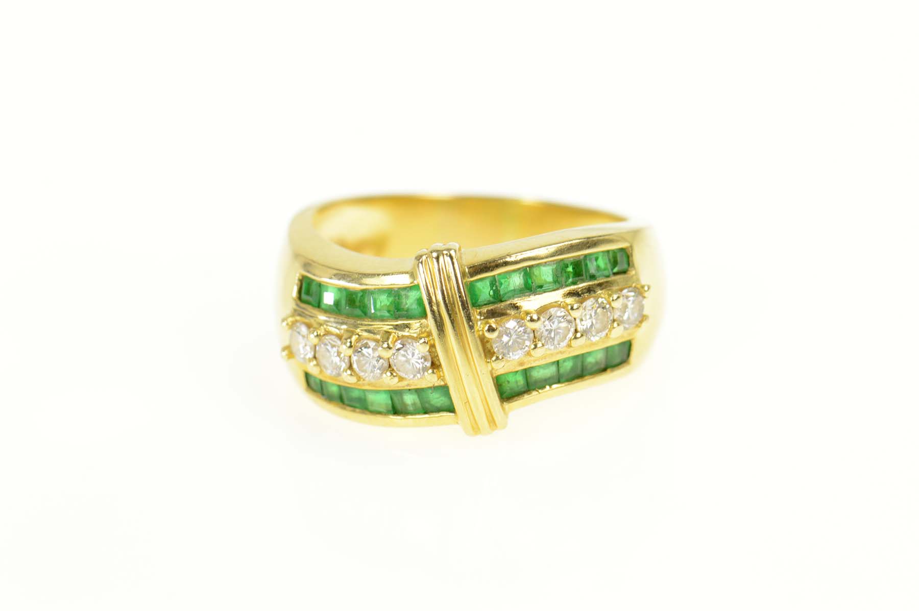 18K 1.58 Ctw Emerald Diamond Wavy Band Yellow Gold Ring, Size 7