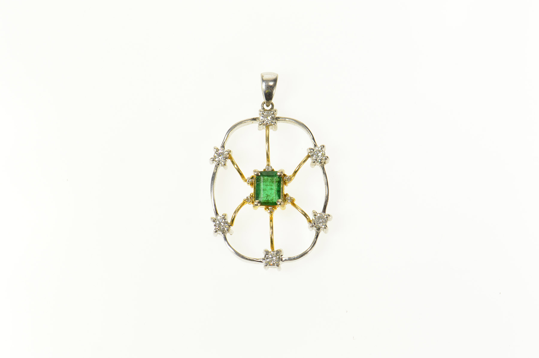 18K 1.66 Ctw Emerald Diamond Two Tone Web White Gold Pendant