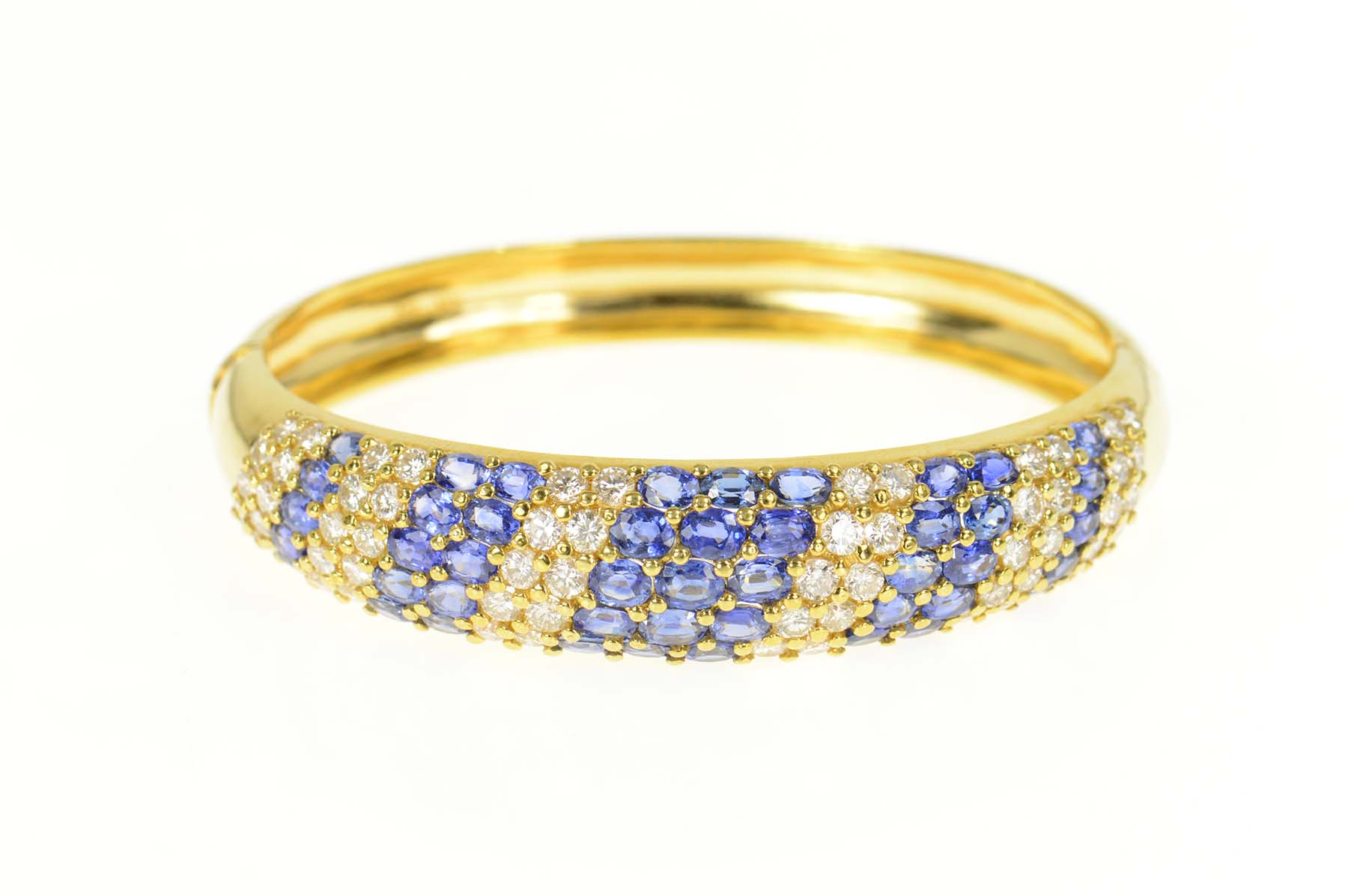 18K 17.90 Ctw Sapphire Diamond Pave Bangle Yellow Gold Bracelet 7.25"
