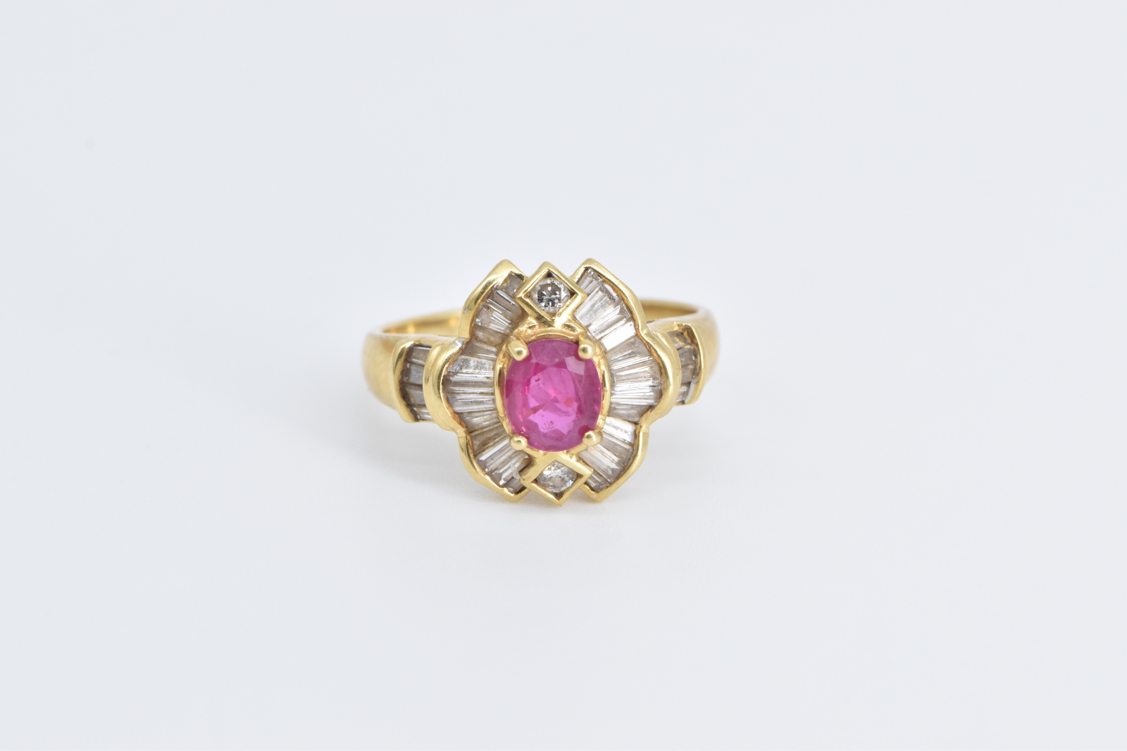 18K 1.80 Ctw Natural Ruby Baguette Diamond Halo Yellow Gold Ring, Size 7