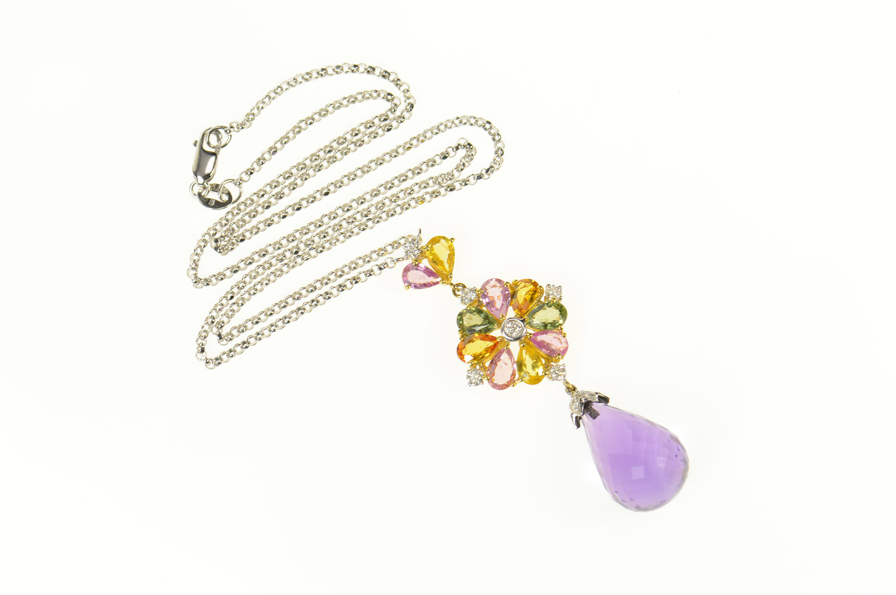 18K 19.11 Ctw Amethyst Drop Sapphire Diamond White Gold Necklace 16"