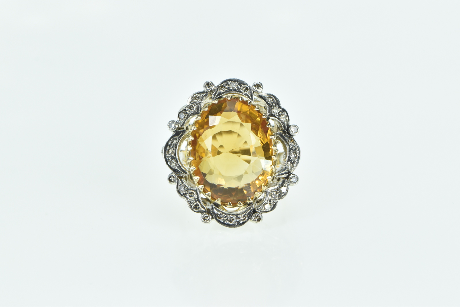 18K 1940's 18.34 Ctw Citrine Diamond Cocktail White Gold Ring, Size 8.75