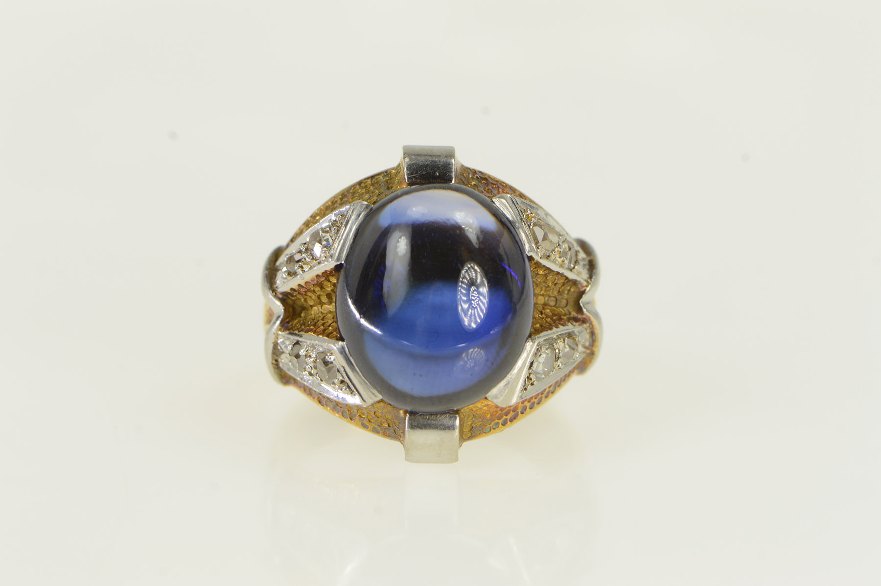 18K 1940's Oval Syn. Sapphire Diamond Yellow Gold Ring, Size 8.75