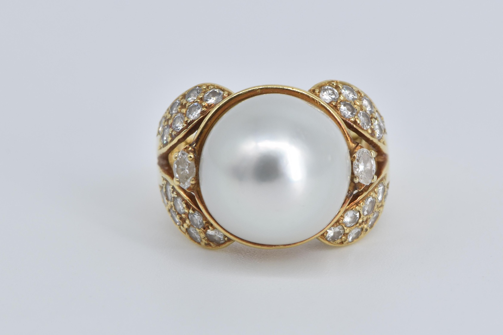 18K 1940's Pearl Natural Diamond Cocktail Yellow Gold Ring, Size 5.5