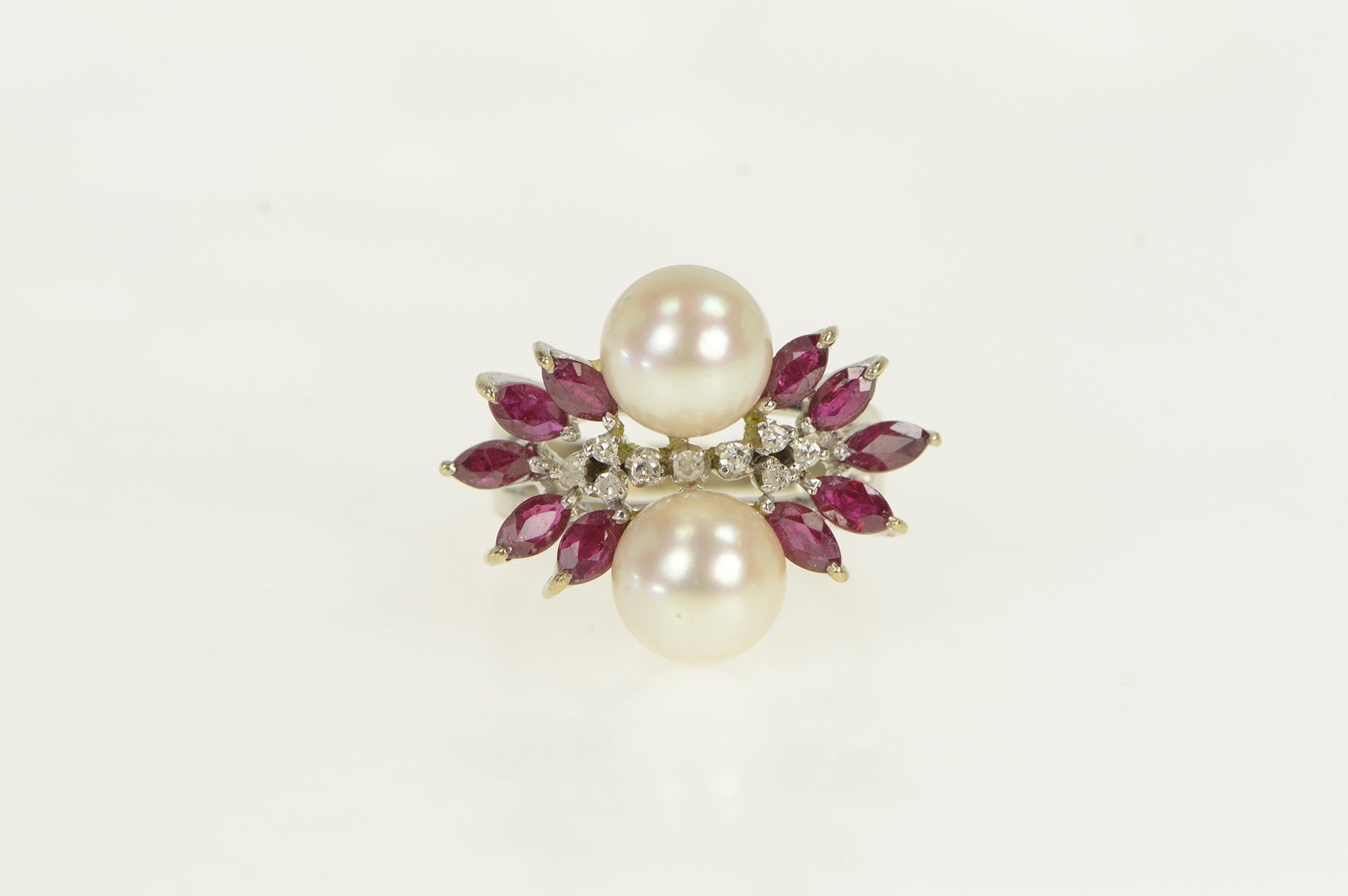 18K 1950's Pearl Diamond Ruby Cluster White Gold Ring, Size 7