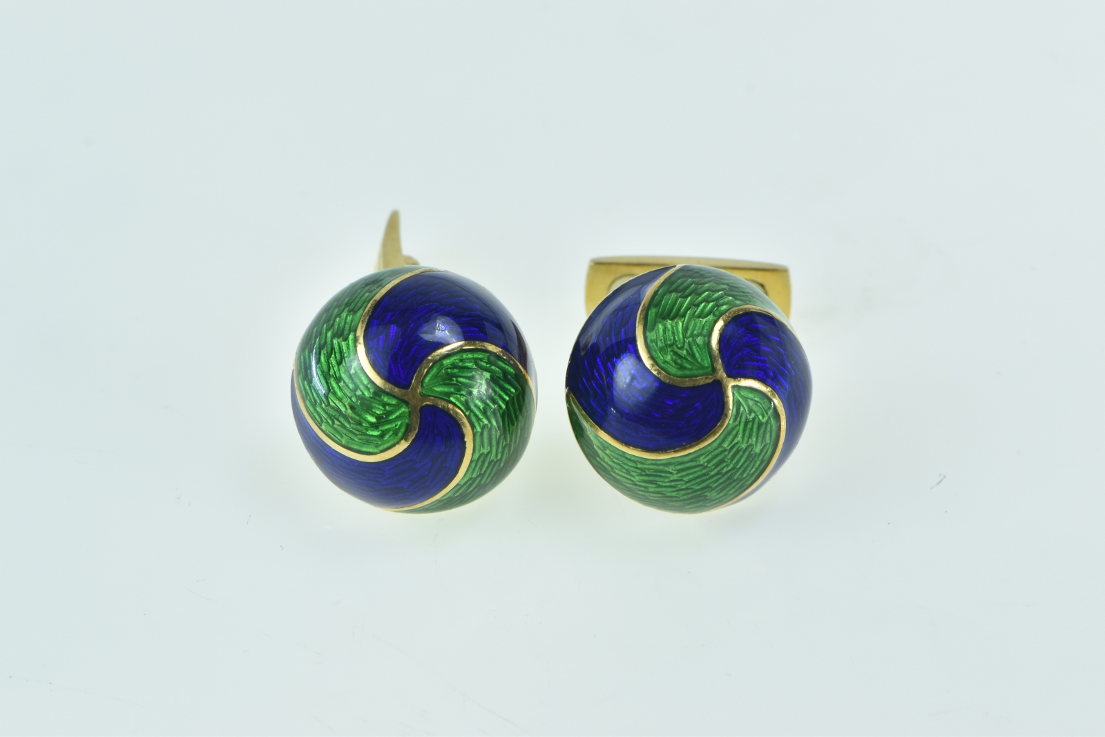 18K 1960's Blue Green Enamel Swirl Domed Men's Yellow Gold Cuff Links