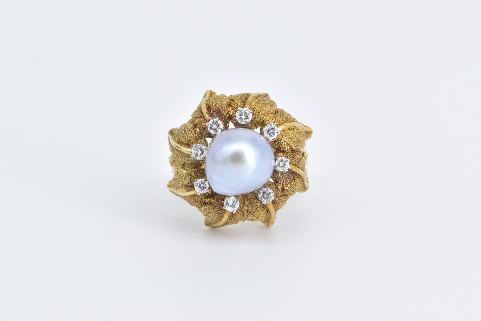 18K 1960's Blue Pearl Diamond Leaf Halo Cocktail Yellow Gold Ring, Size 6.75