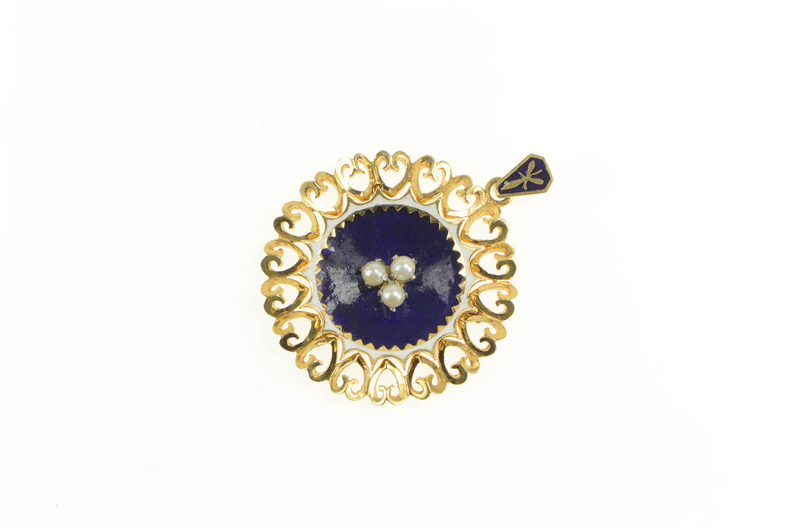 18K 1960's Enamel Pearl Heart Filigree Statement Yellow Gold Charm/Pendant