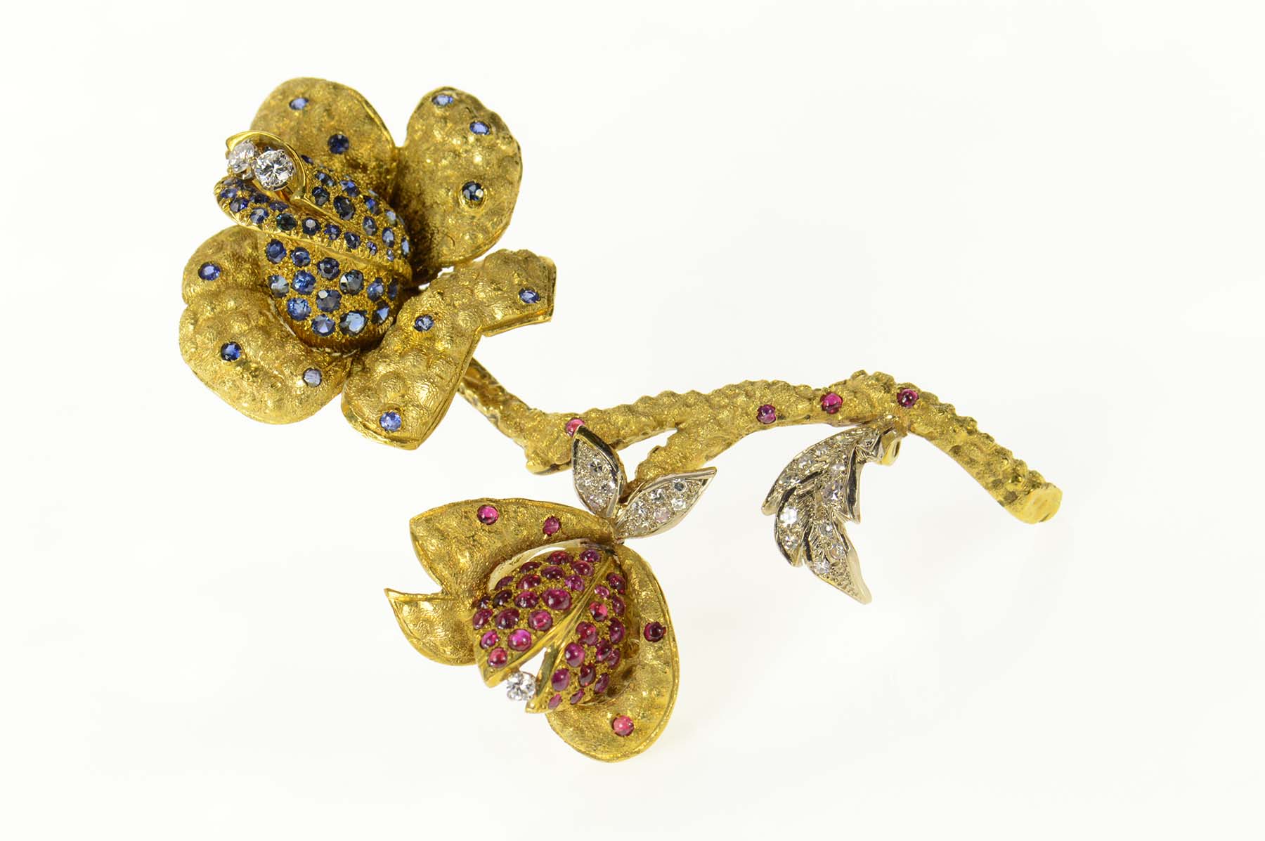 18K 1960's Pave Sapphire Ruby Diamond Flower Yellow Gold Pin/Brooch