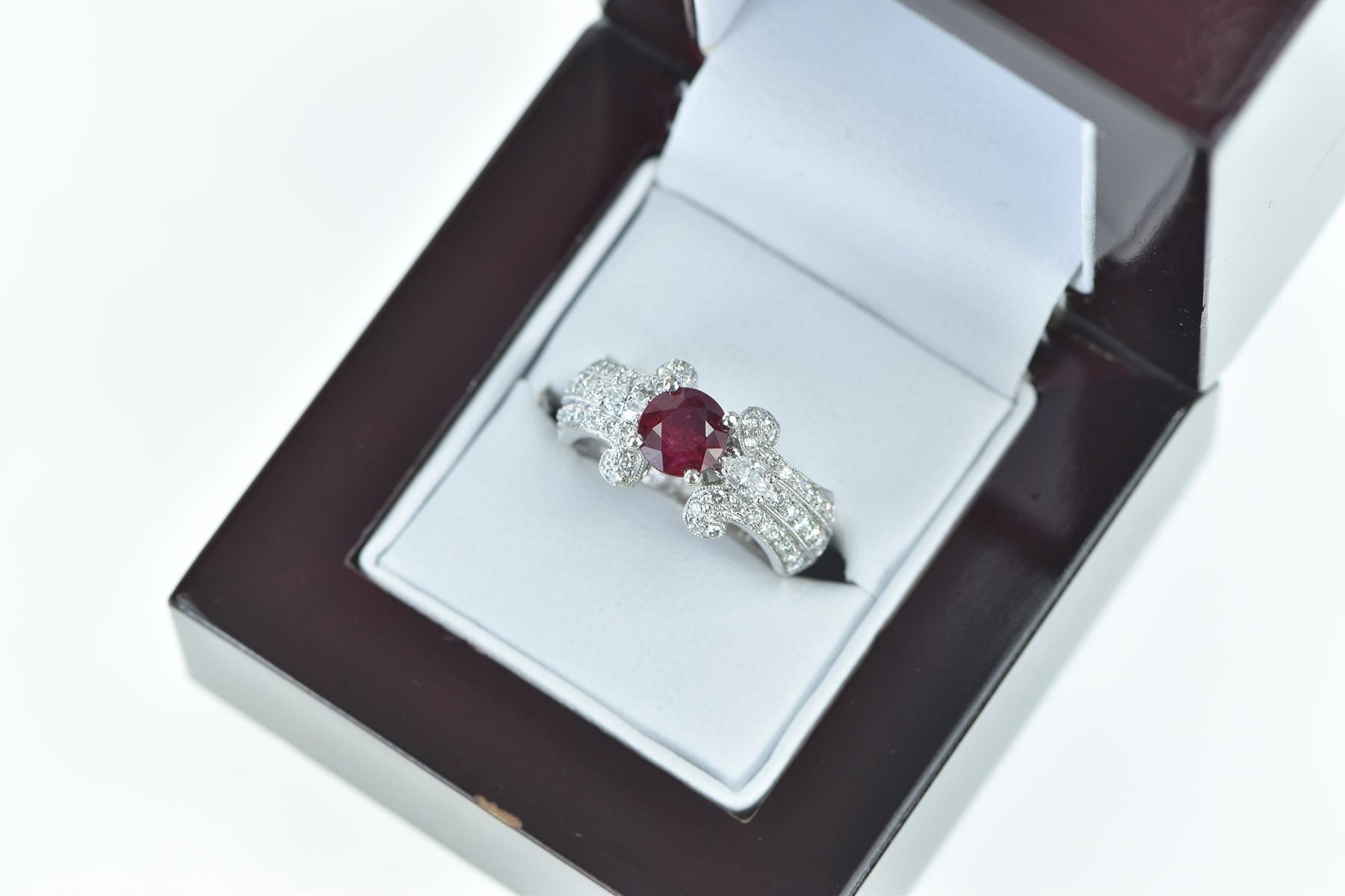 18K 2.13 Ctw Ruby Diamond Engagement White Gold Ring, Size 6.25