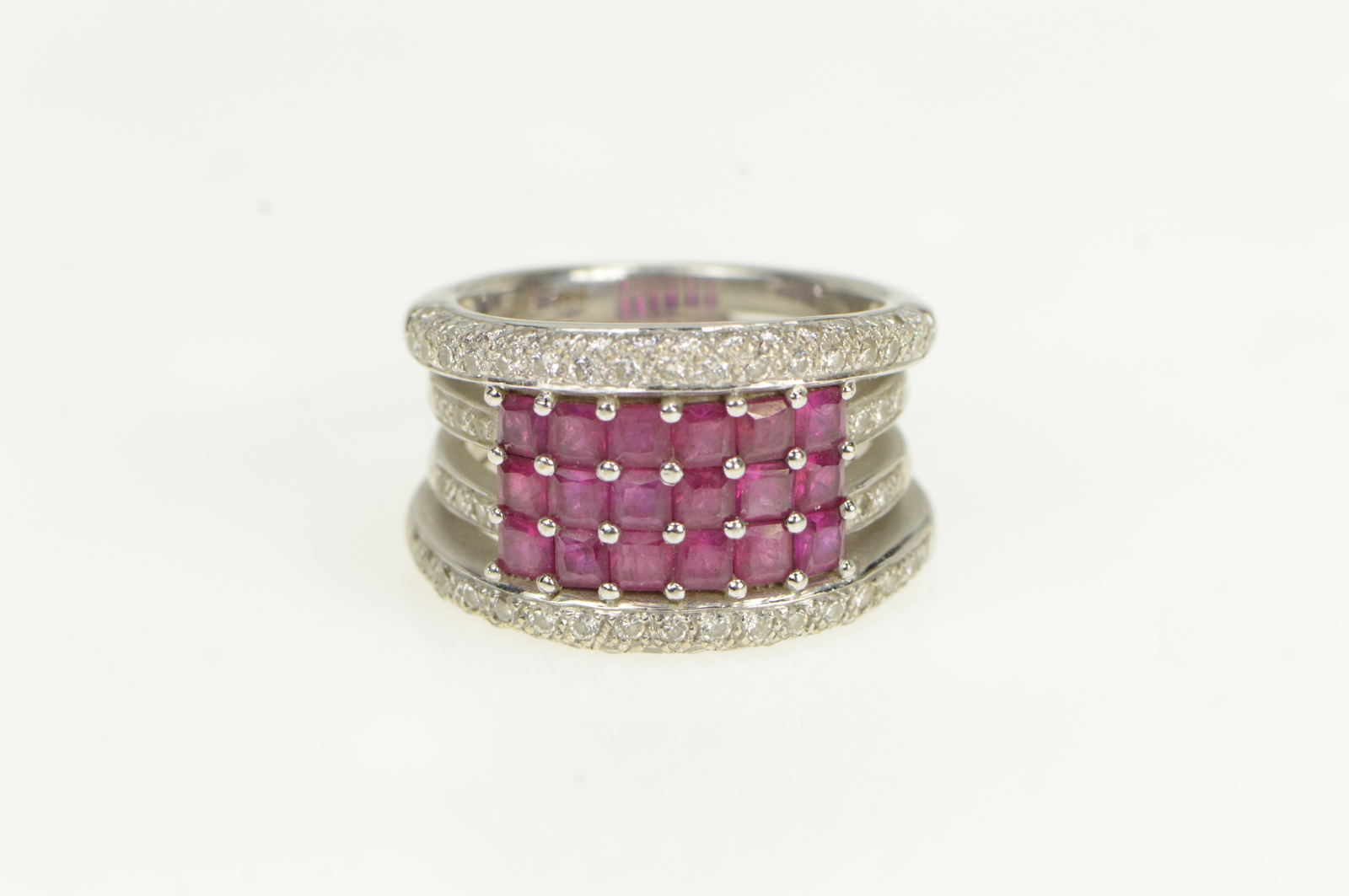 18K 2.50 Ctw Natural Ruby Diamond Cluster Layer White Gold Ring, Size 7.25