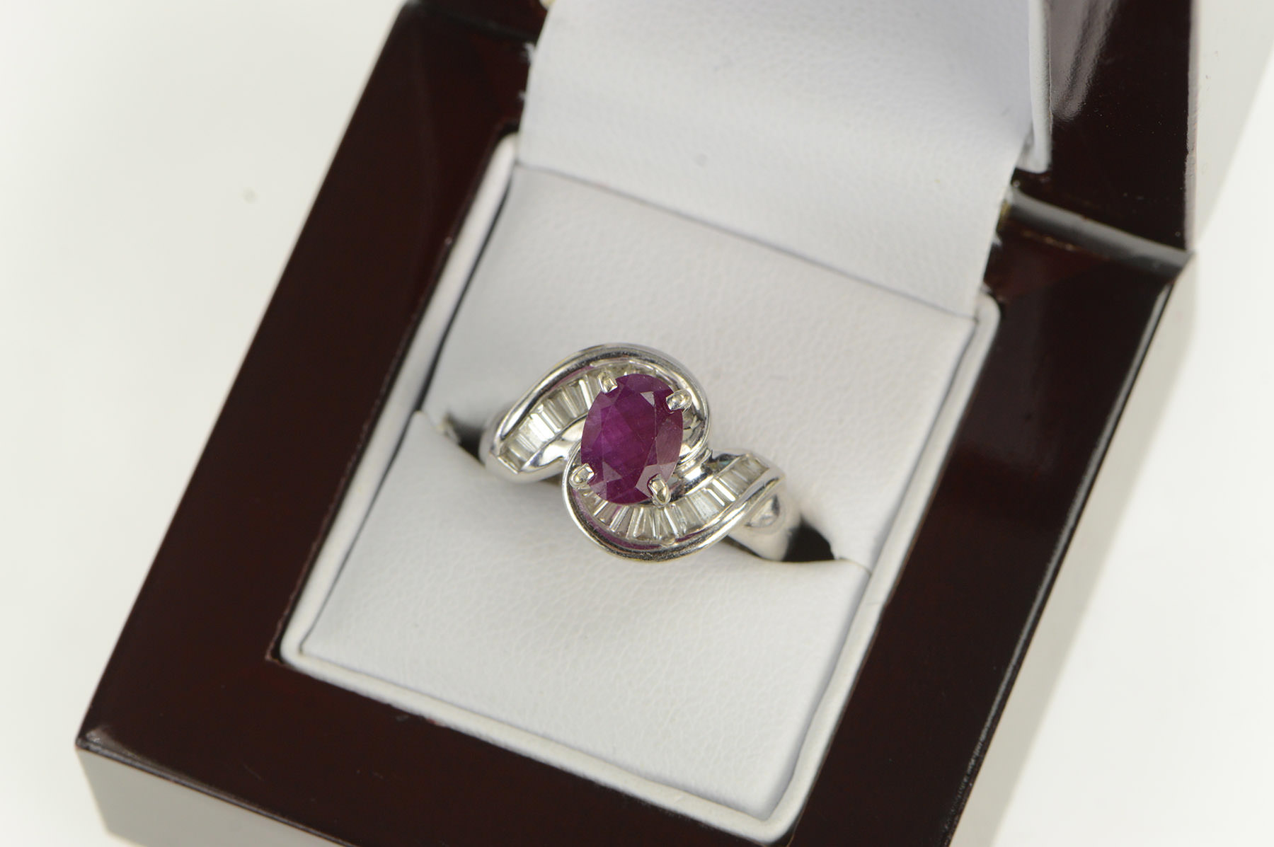 18K 2.60 Ctw Natural Ruby Baguette F, VS Diamond White Gold Ring, Size 6.25