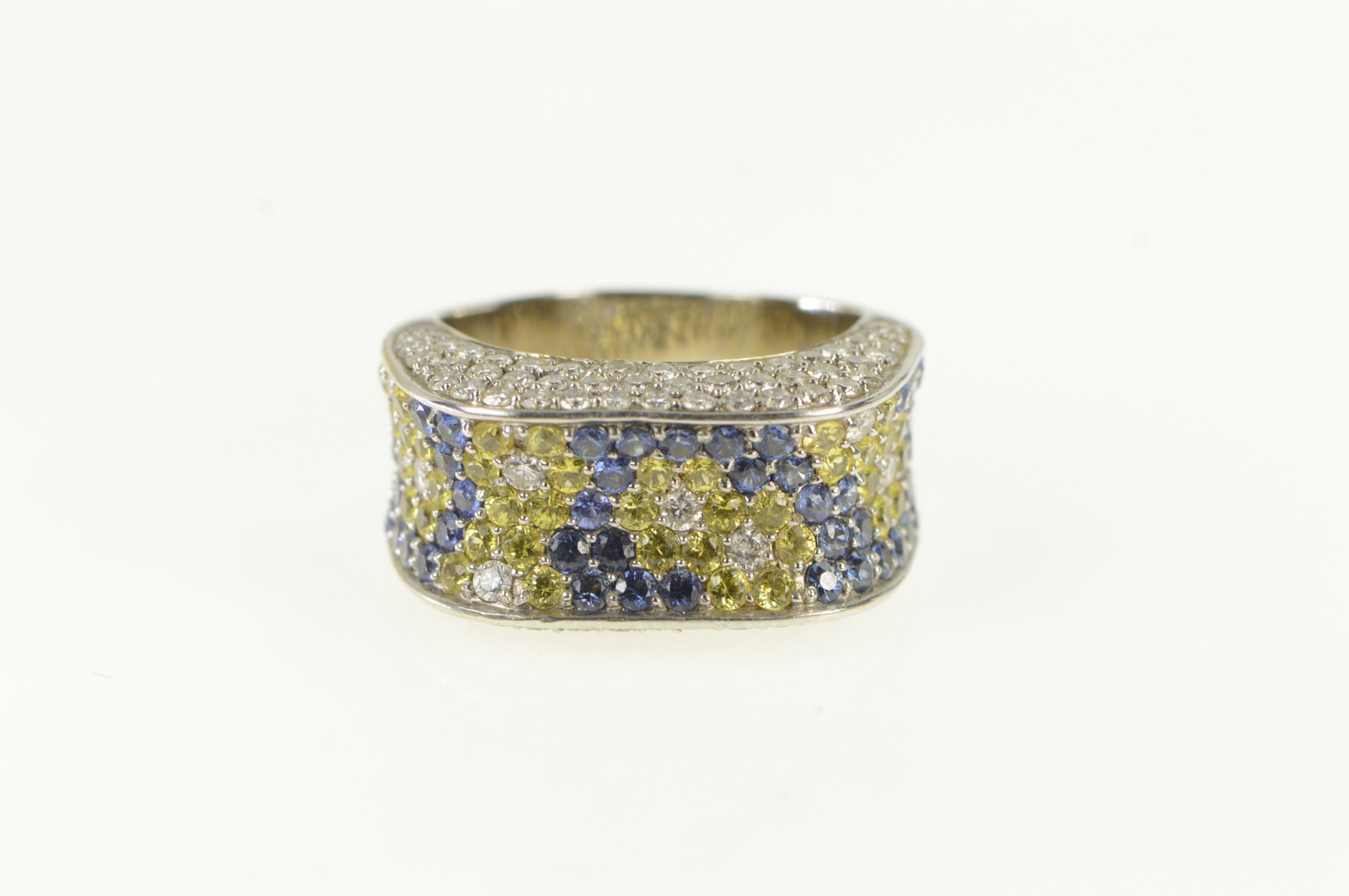 18K 3.00 Ctw Blue Yellow Sapphire Diamond White Gold Ring, Size 10