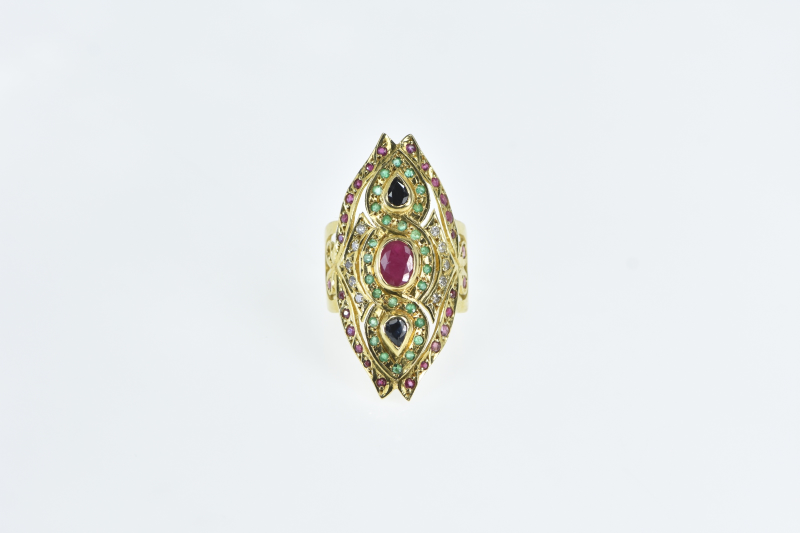 18K 3.39 Ctw Ruby Sapphire Emerald Encrusted Yellow Gold Ring, Size 8.75