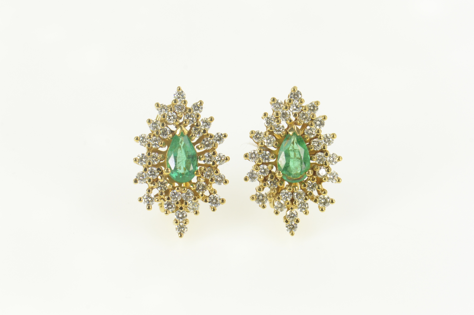 18K 3.42 Ctw Emerald Diamond Leaf Halo French Clip Yellow Gold Earrings