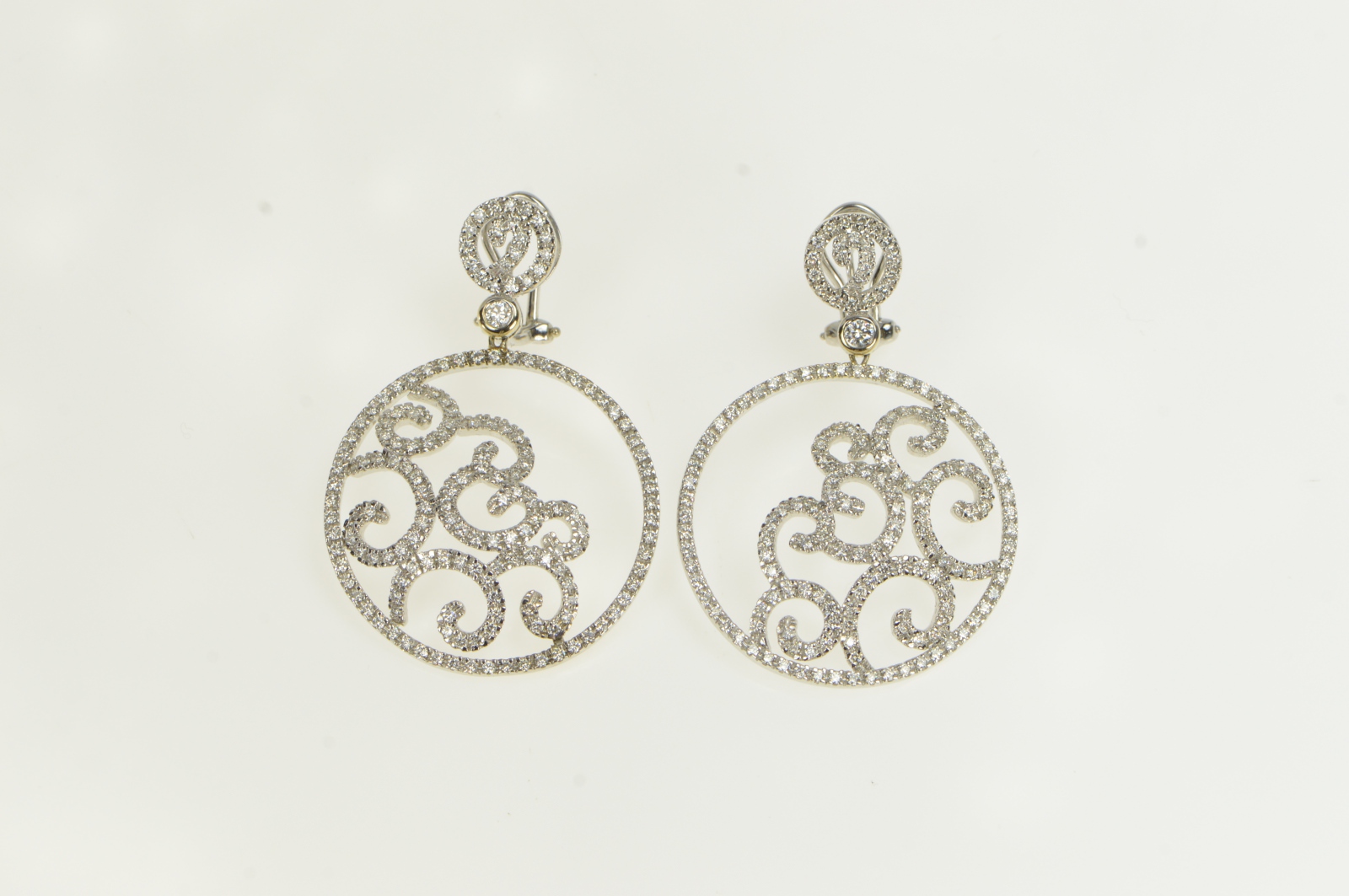 18K 3.50 Ctw Pave Diamond Ornate Swirl Medallion White Gold Earrings