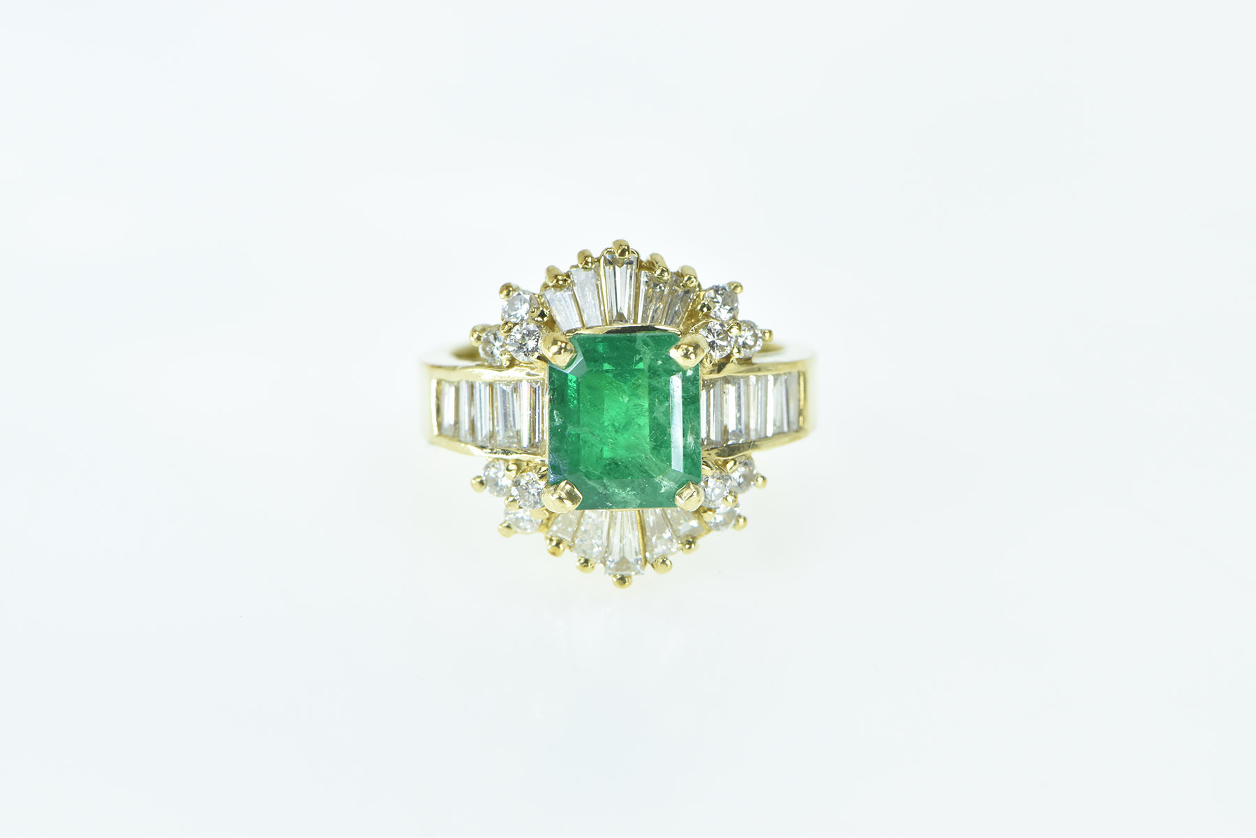 18K 3.64 Ctw Emerald Baguette Diamond Engagement Yellow Gold Ring, Size 6