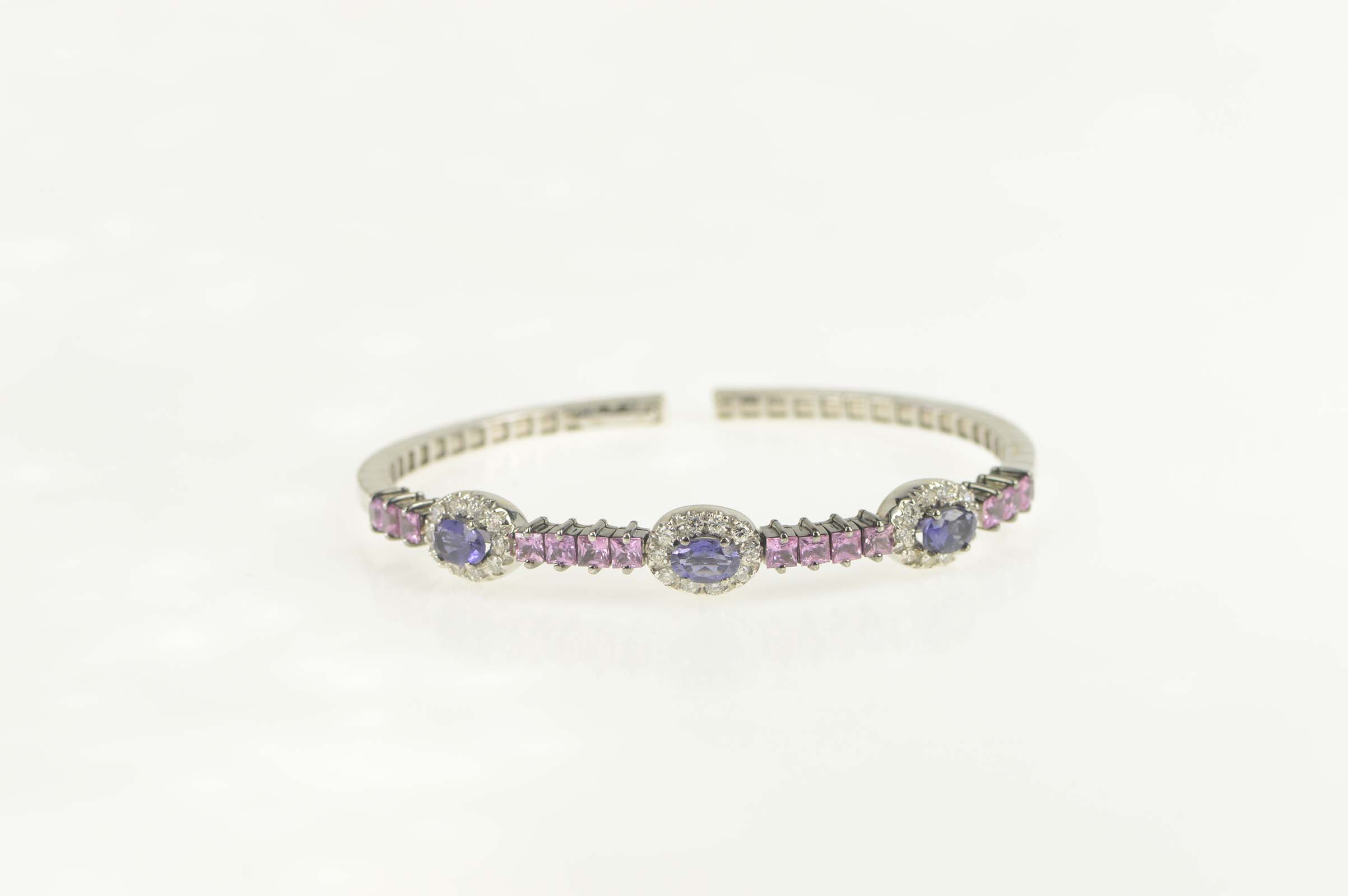 18K 3.80 Ctw Iolite Diamond Halo Pink Topaz White Gold Bracelet 6.5"