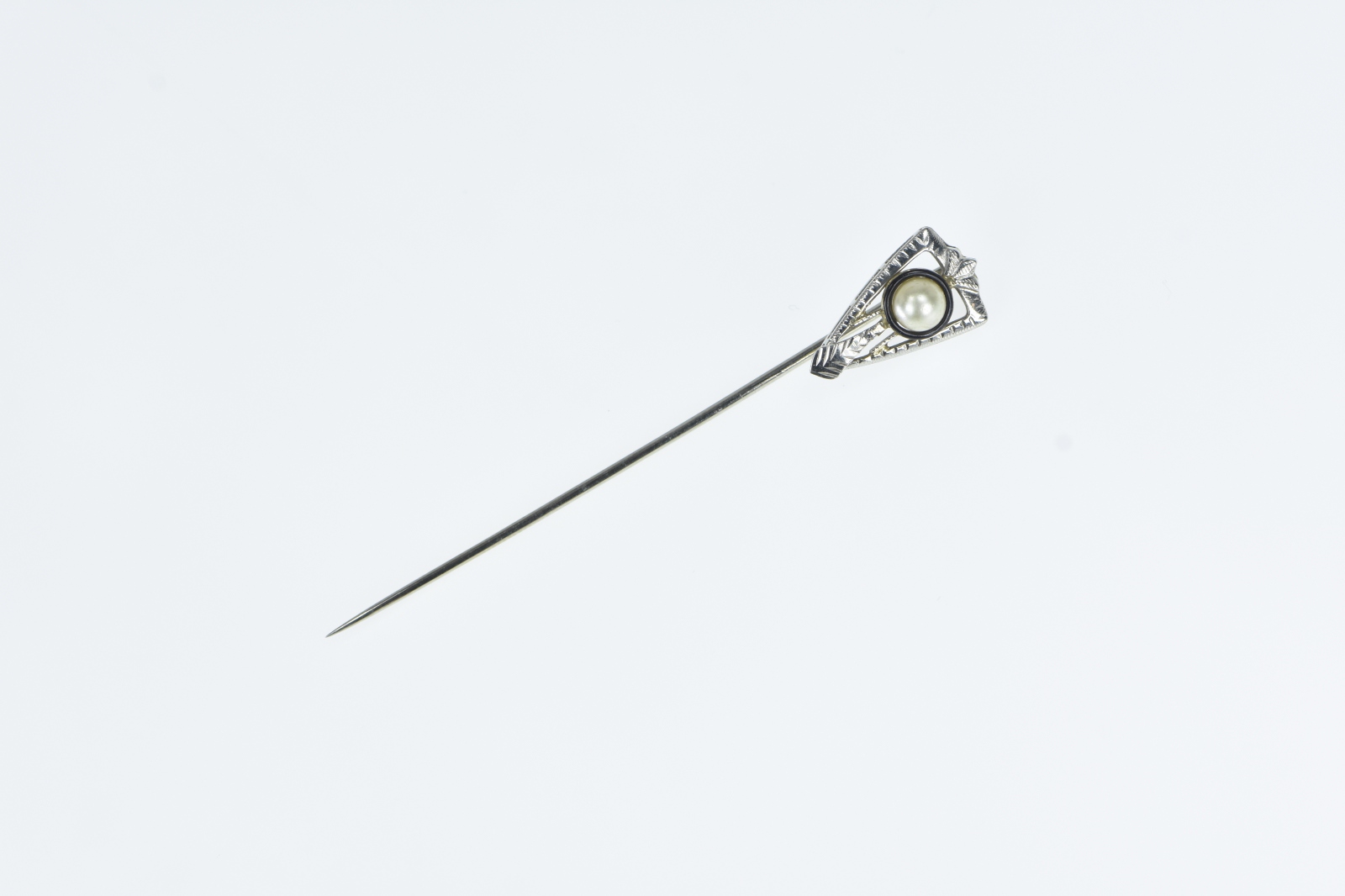 18K 4.4mm Art Deco Pearl Ornate Statement White Gold Stick Pin