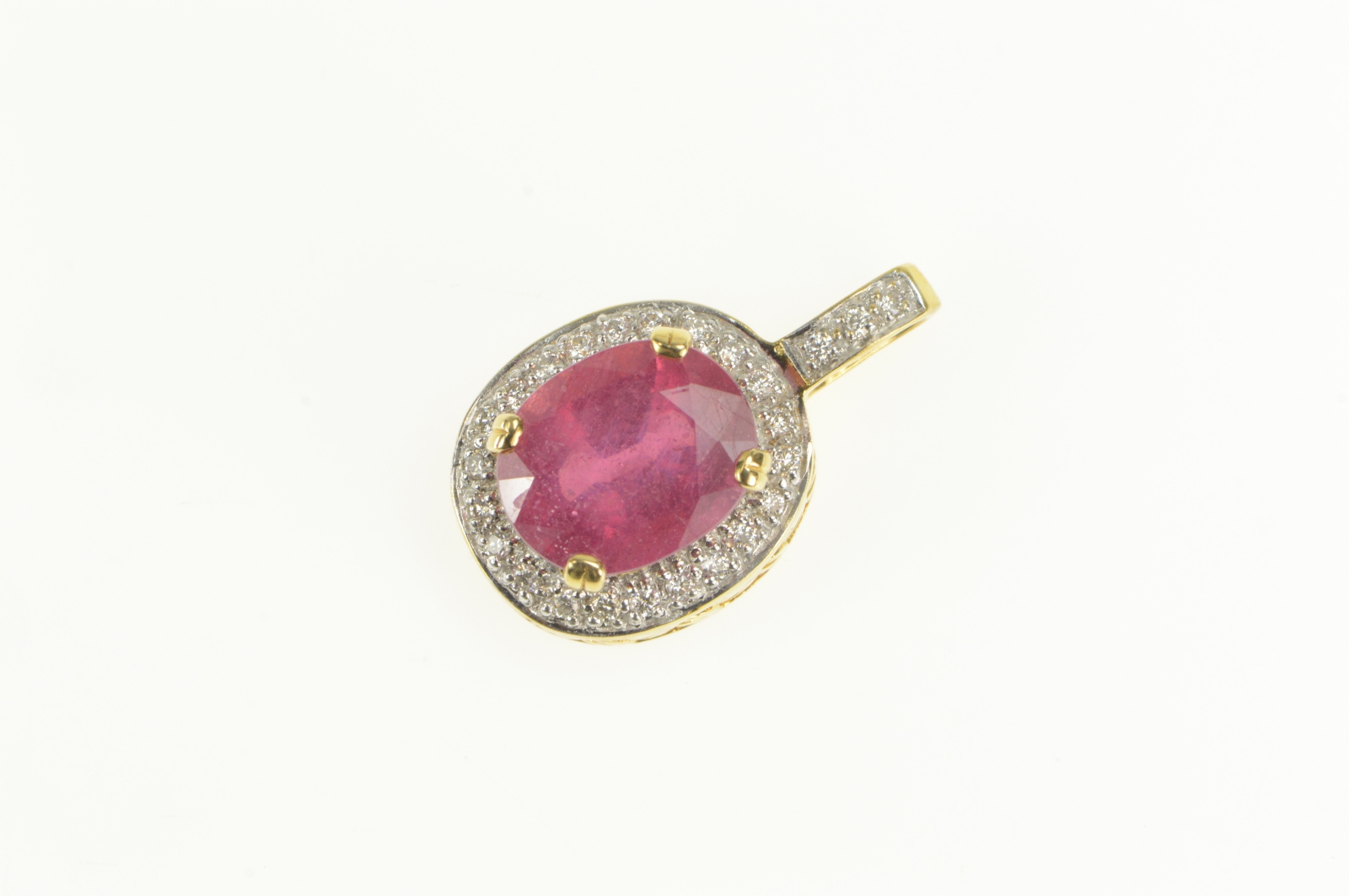 18K 4.76 Ctw Natural Ruby Diamond Halo Designer Yellow Gold Pendant