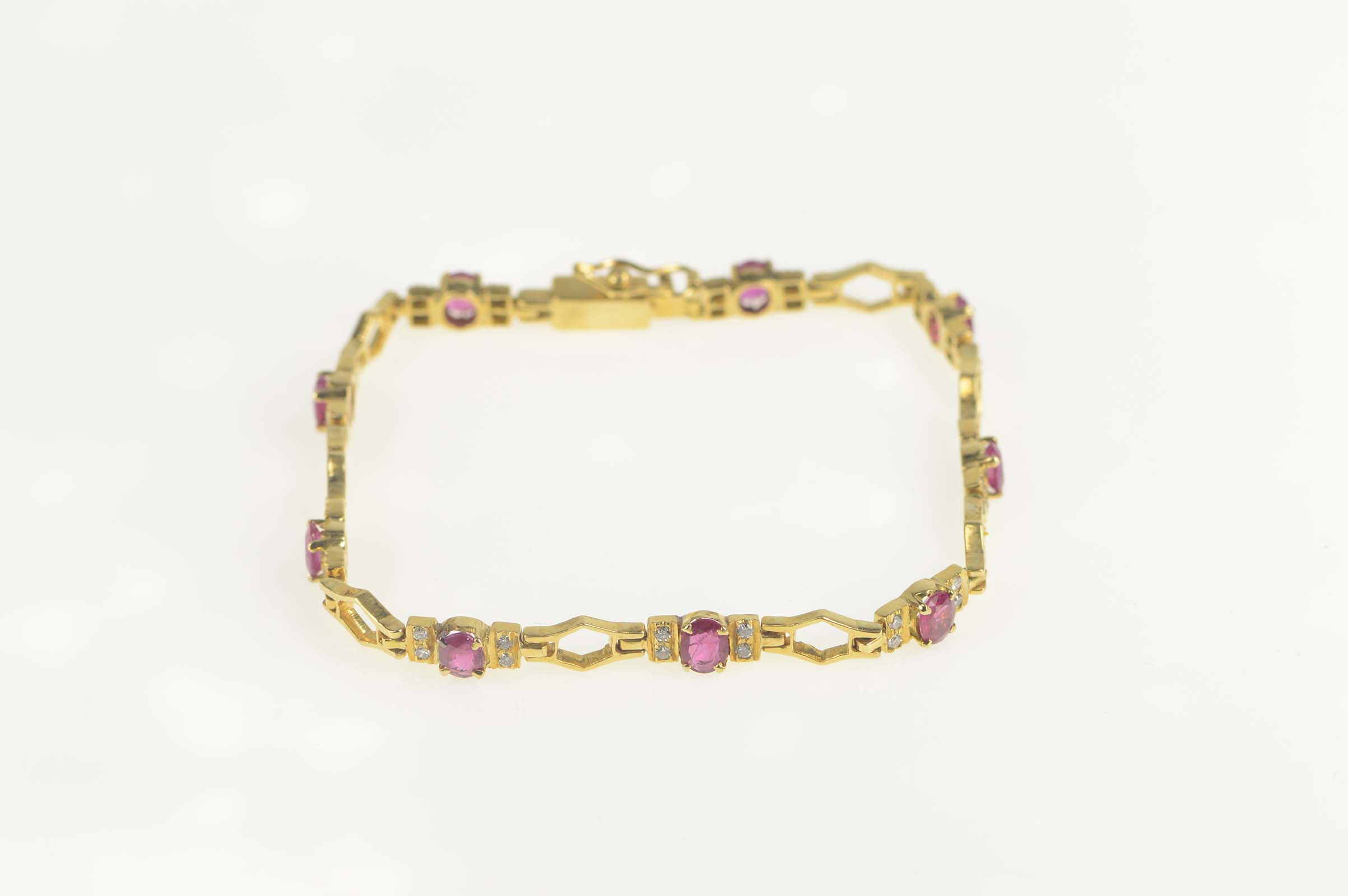 18K 4.94 Ctw Ruby Diamond Honeycomb Tennis Yellow Gold Bracelet 7.25"