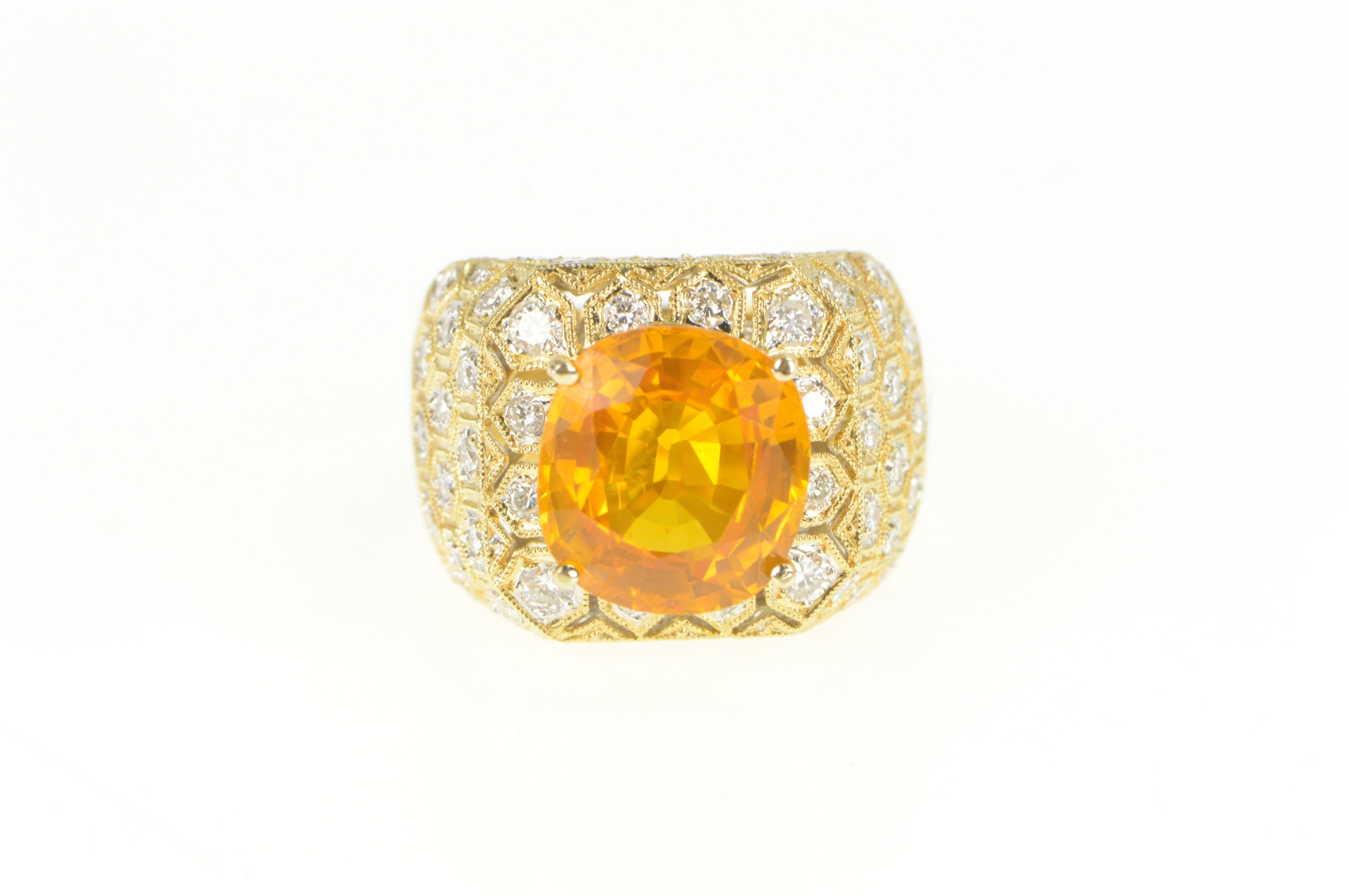 18K 6.00Ctw Orange Sapphire Diamond Honeycomb Yellow Gold Ring, Size 7.75