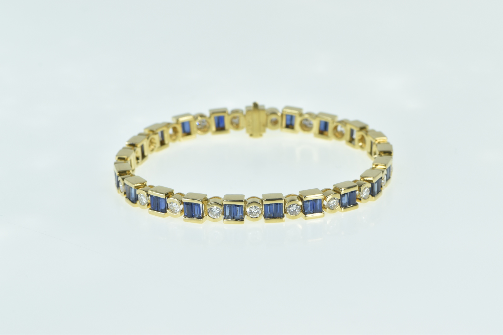 18K 6.45 Ctw Baguette Sapphire Diamond Tennis Yellow Gold Bracelet 7"