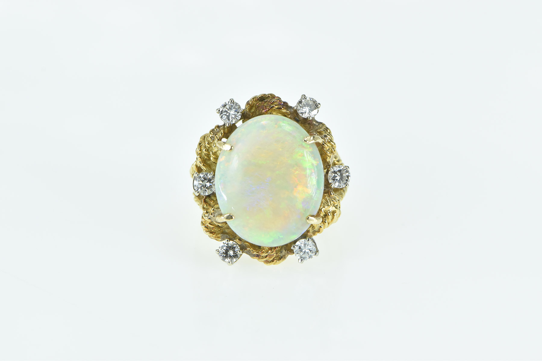 18K 7.20 Ctw Natural Opal Diamond Rope Statement Yellow Gold Ring, Size 6