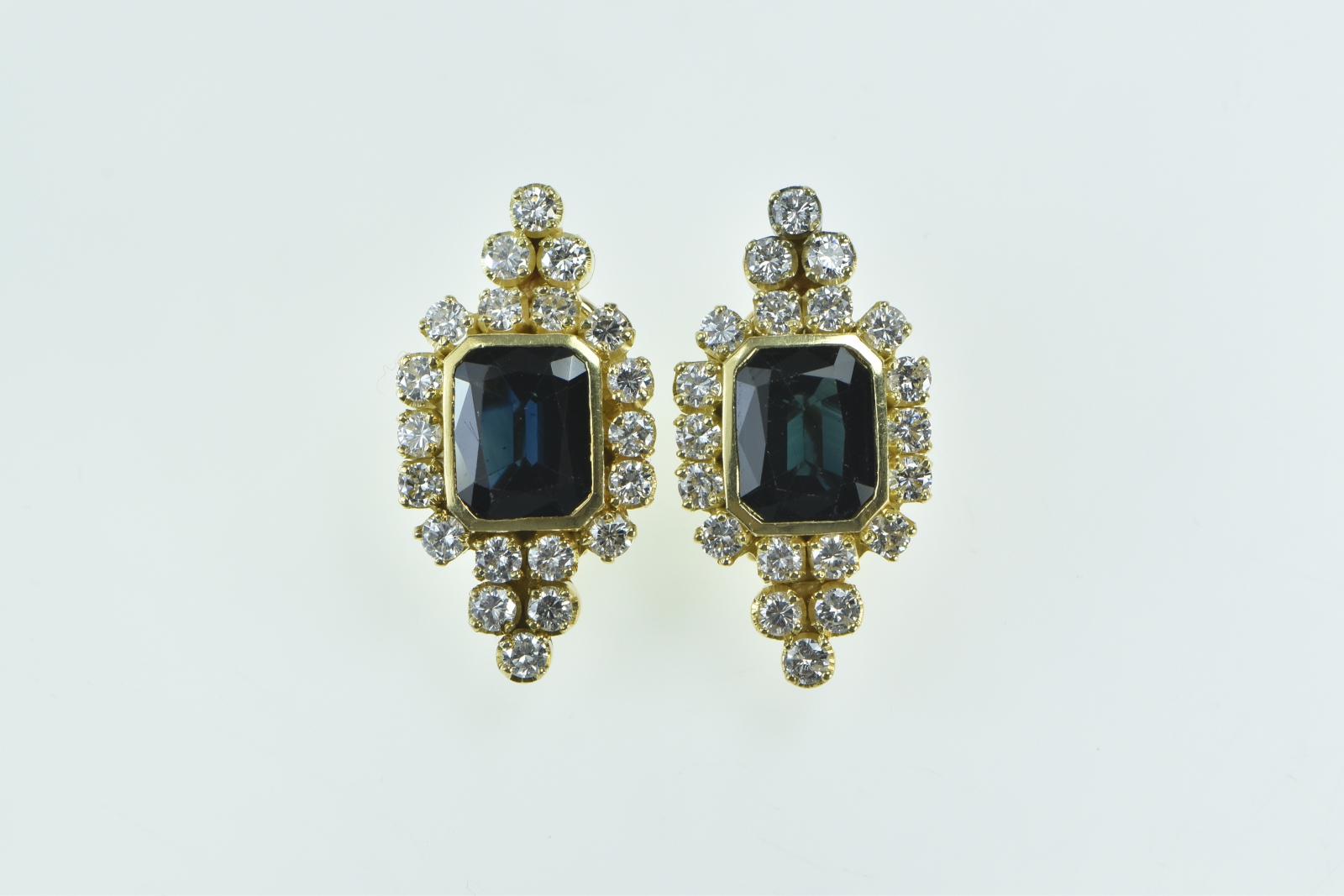 18K 7.74 Ctw Emerald Cut Sapphire Diamond Halo Yellow Gold Earrings