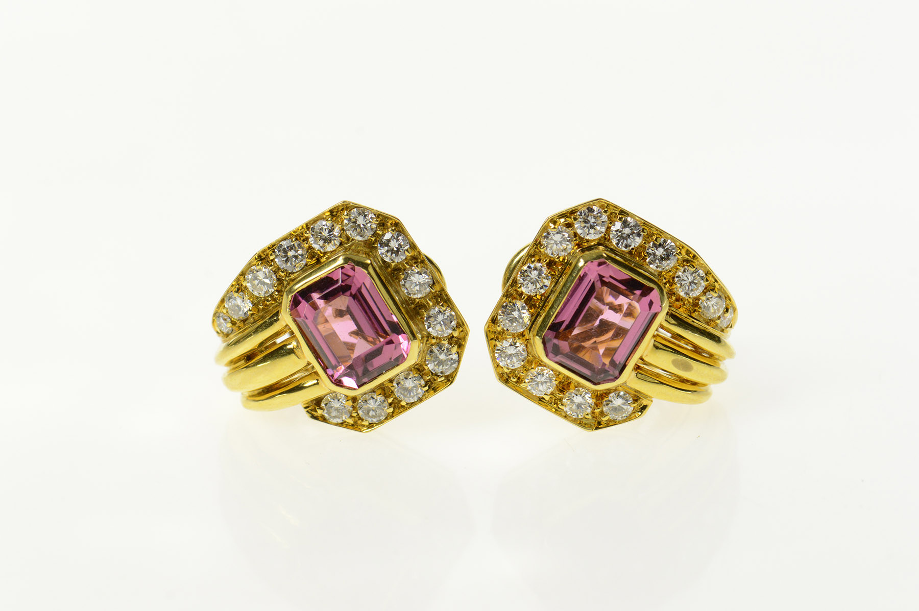 18K 8.00 Ctw Emerald Pink Tourmaline Diamond Yellow Gold Earrings
