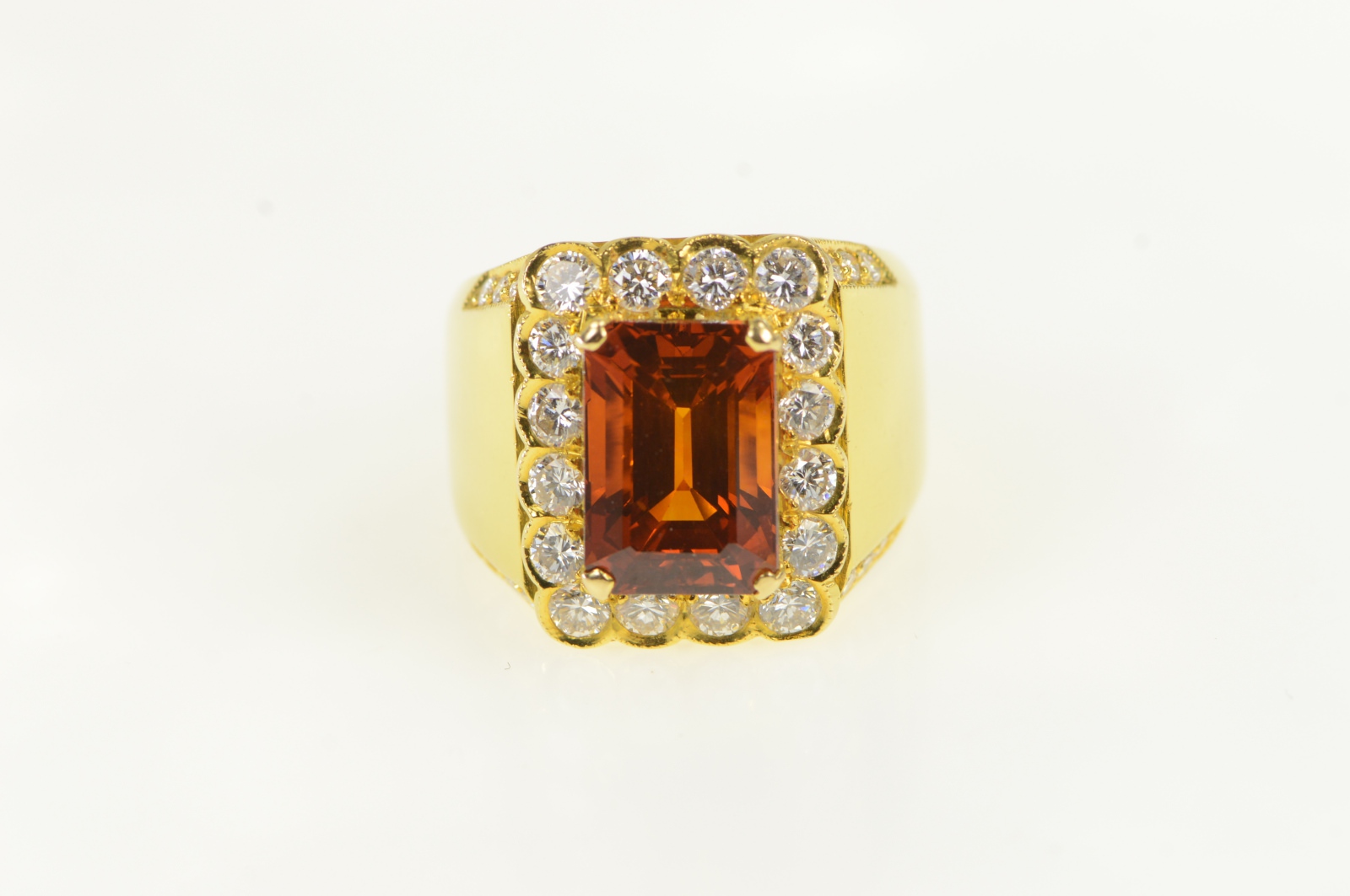 18K 8.00 Ctw Orange Sapphire Diamond Halo Yellow Gold Ring, Size 8