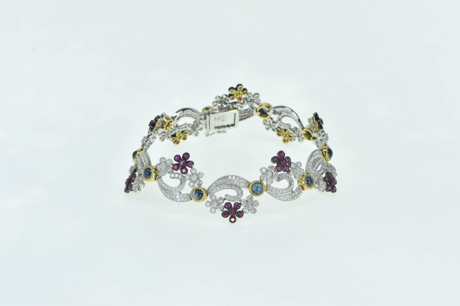 18K 9.40 Ctw Diamond Ruby Sapphire Floral Swirl White Gold Bracelet 7.5"