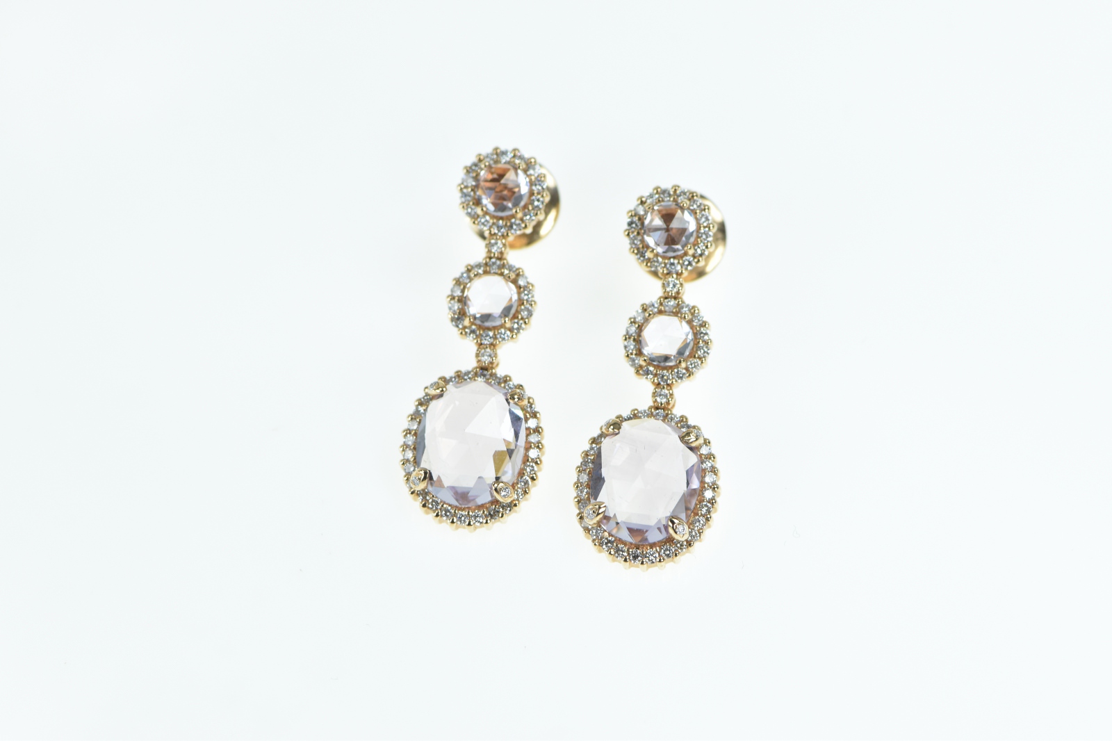 18K 9.75 Ctw Morganite Diamond Halo Dangle Rose Gold Earrings