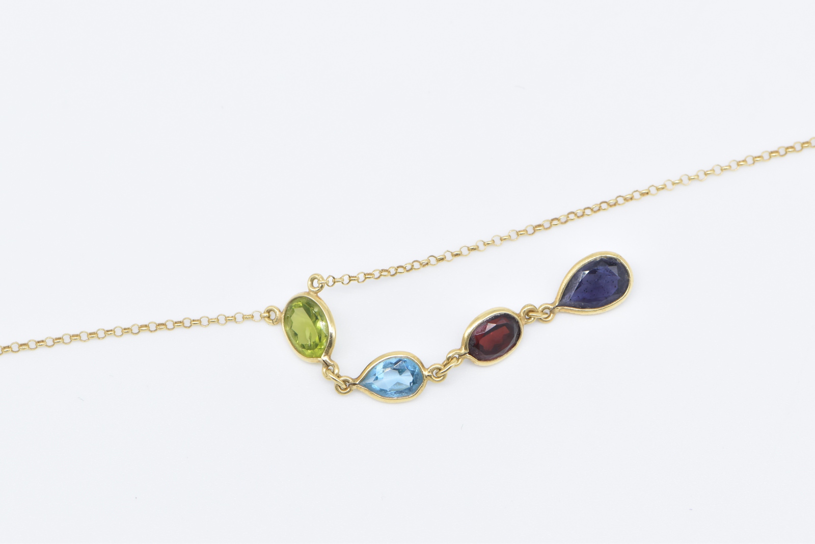 18K Amethyst Topaz Garnet Peridot Drop Chain Yellow Gold Necklace 16.25"