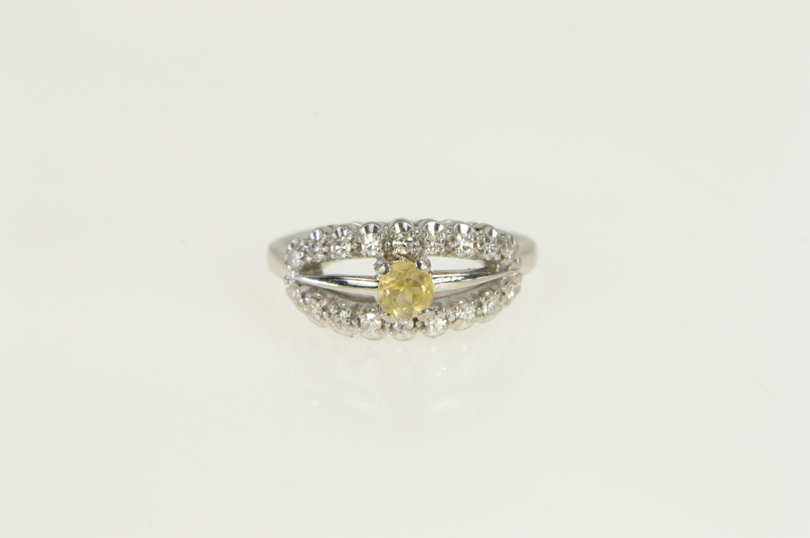 18K Art Deco Citrine Diamond Vintage Engagement White Gold Ring, Size 4.5