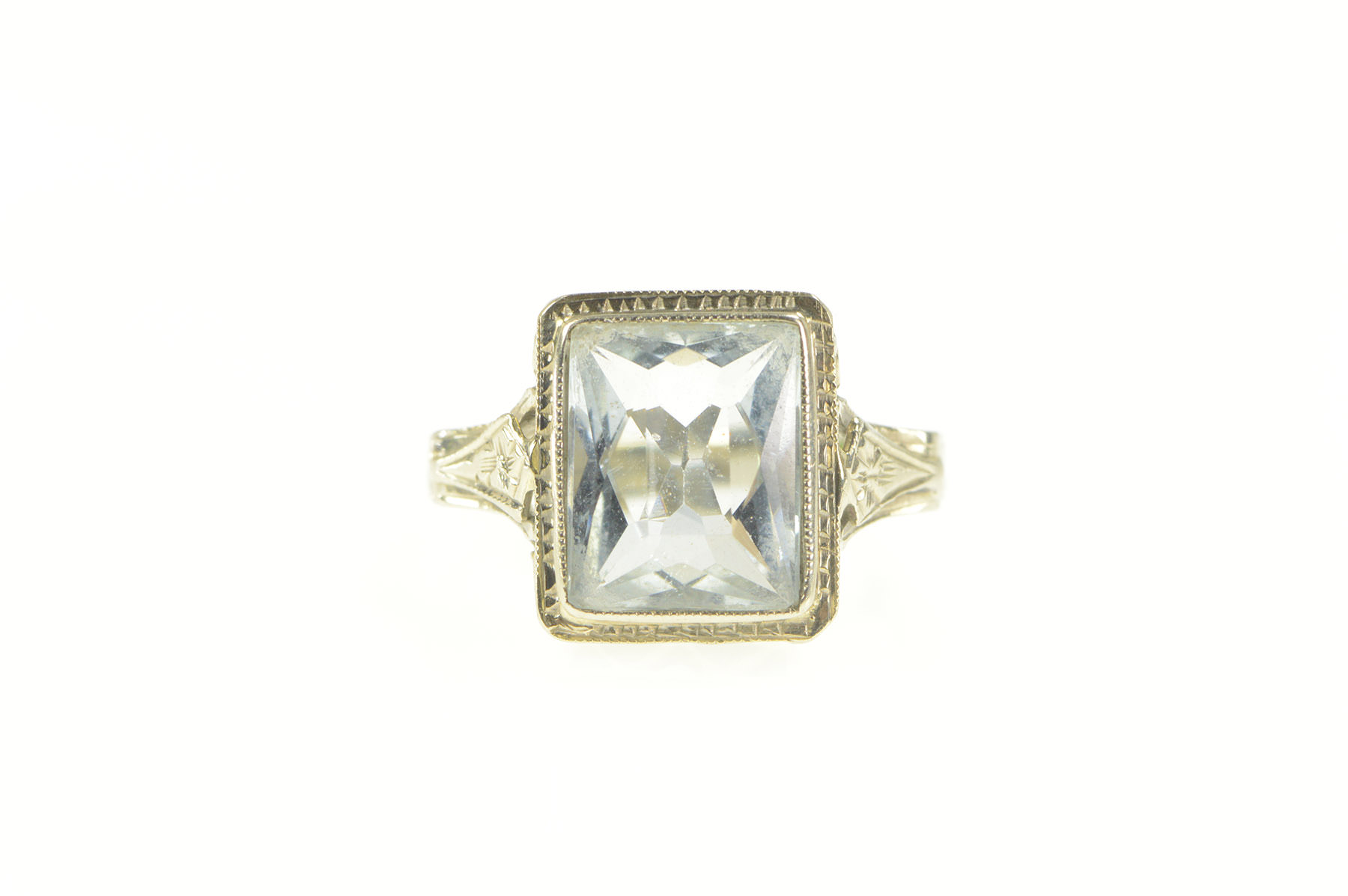 18K Art Deco Emerald Cut Aquamarine Filigree Yellow Gold Ring, Size 3