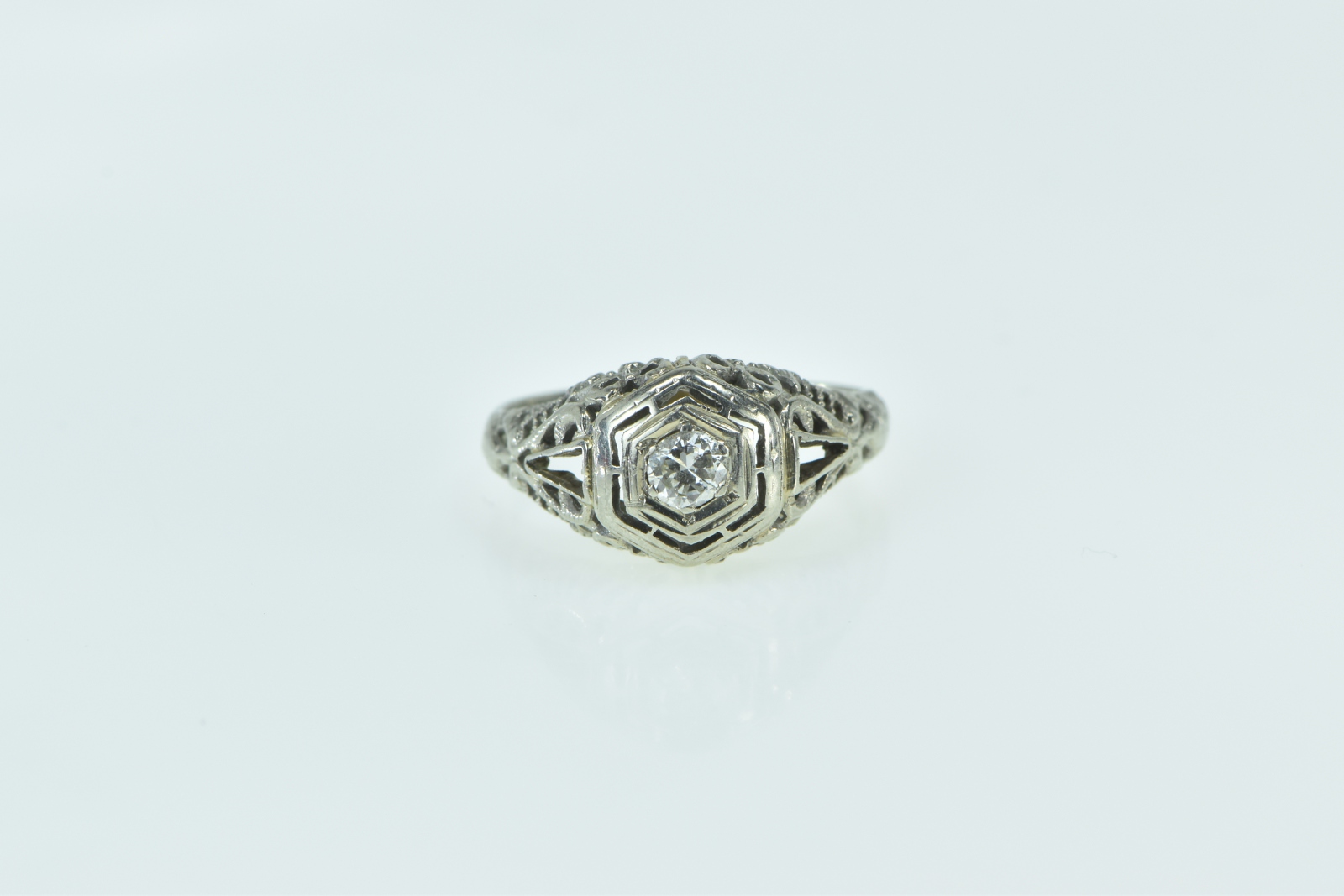 18K Art Deco Filigree Diamond Engagement White Gold Ring, Size 8