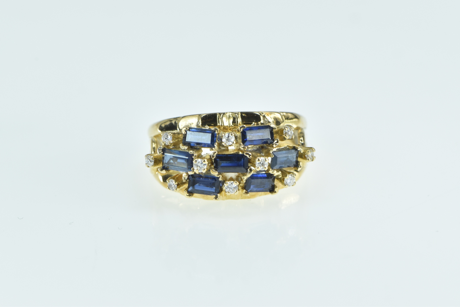 18K Baguette Sapphire Diamond Checkered Yellow Gold Ring, Size 6.25