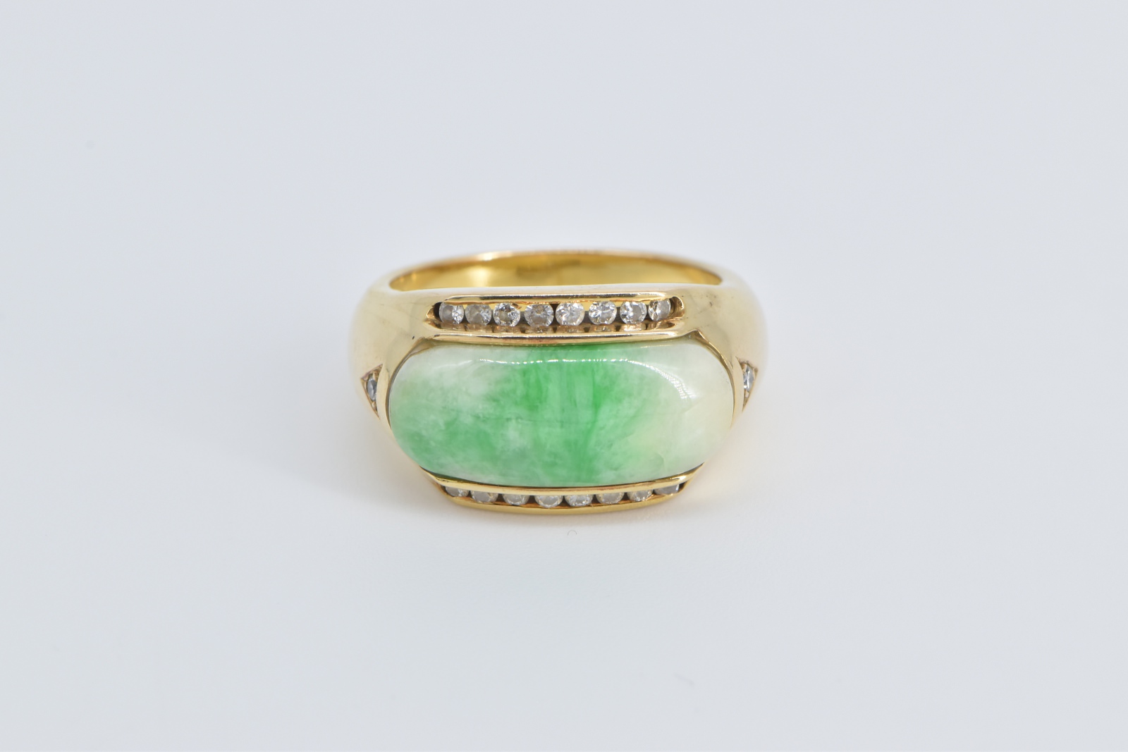 18K Carved Jade Diamond Vintage Statement Yellow Gold Ring, Size 7.5